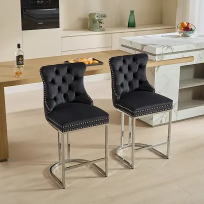 Contemporary Set of 2 Bar Stools with Button-Tufted Back and Studded Trim, Chrome Metal Base - Ideal for Dining Room, Living Room, and Bedroom