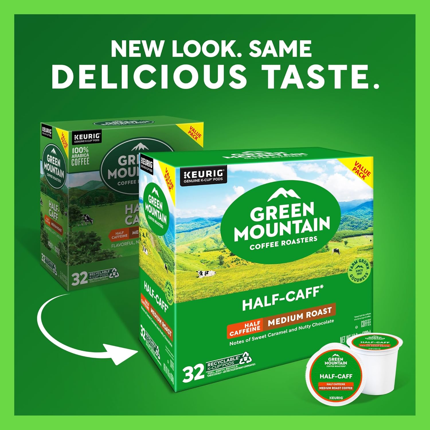 Green Mountain Coffee Roasters Half Caff. Single-Serve Keurig K-Cup Pods. Medium Roast Coffee Pods. 32 Count