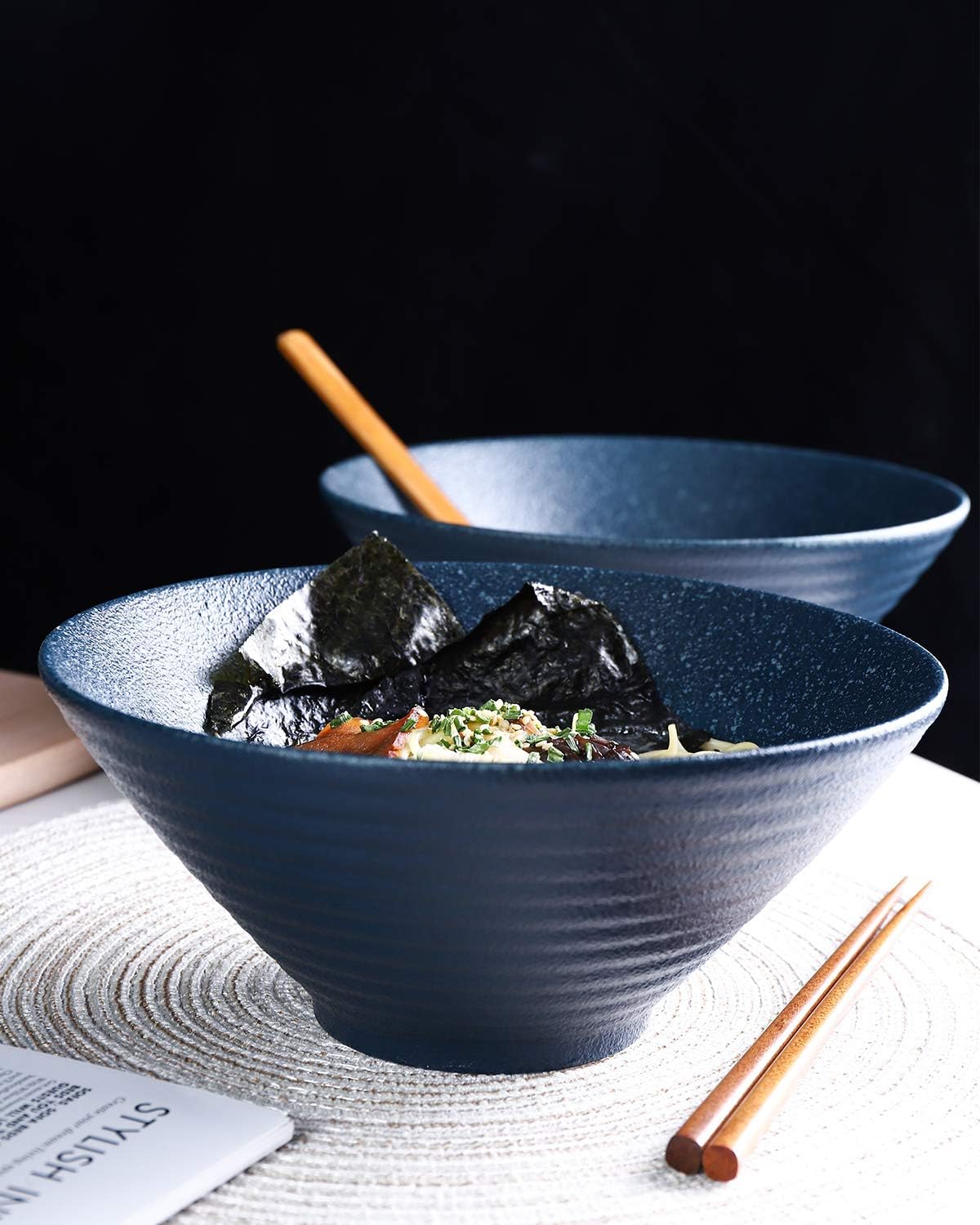 Kanwone Ceramic Japanese Ramen Bowl Set, Noodle Soup Bowls - 60 Ounce, with Matching Spoons and Chopsticks for Udon Soba Pho Asian Noodles, Set of 2, Navy