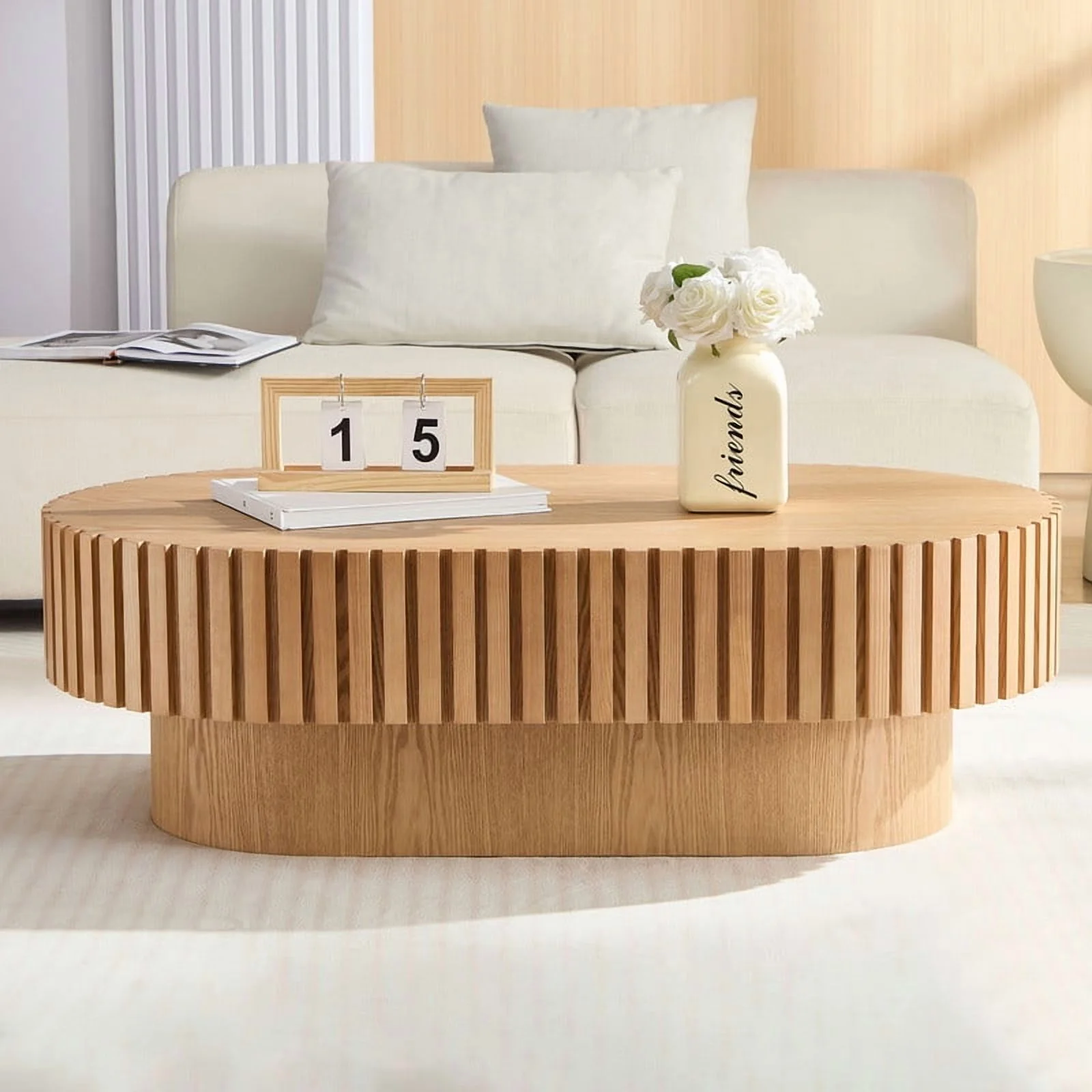 FFH 43.7 inch Oval Coffee Table for Living Room,Handcraft Rustic Corner Coffee Table Nature Wood Relief Sturdy Pedestal for Apartmen,Side Table Centre Table,Nature Wood - Image 65