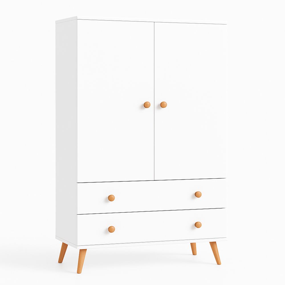 Armario moderno blanco con patas de madera, dos puertas y dos cajones, estilo escandinavo