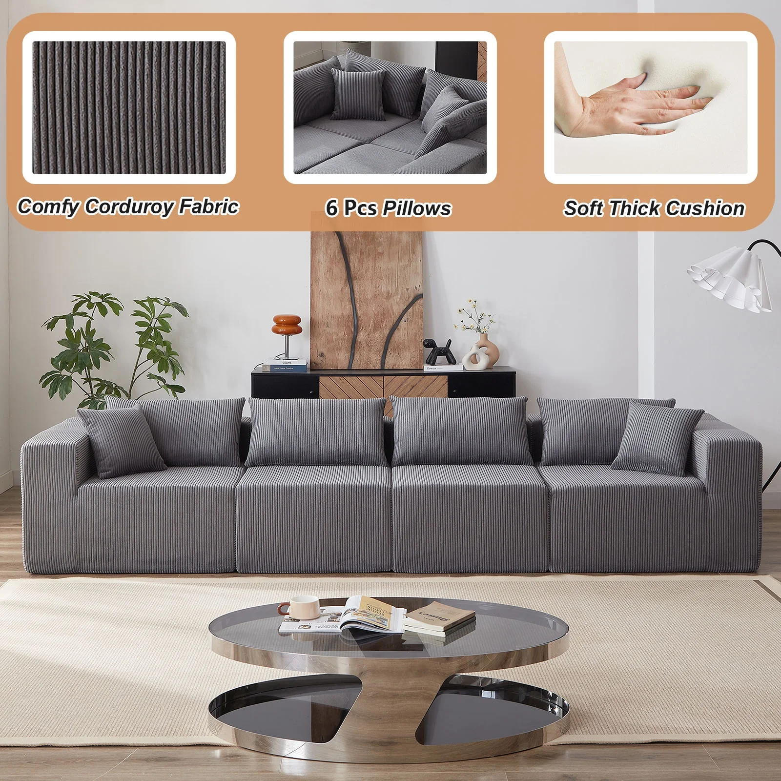 104-Inch Corduroy Modular L Shaped Sectional Sofa,Luxury Floor Couch Set,Upholstered Indoor Furniture,Foam-Filled Compressed Sofa for Living Room,Bedroom,4 PC Free Combination ? - Image 17