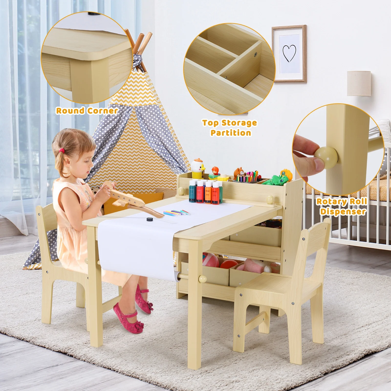 Pirecart Kids Art Table and 2 Chairs Toddler Craft Set Wooden Play Activity Drawing Table with 4 Storage Bins and Paper Roll - Image 2