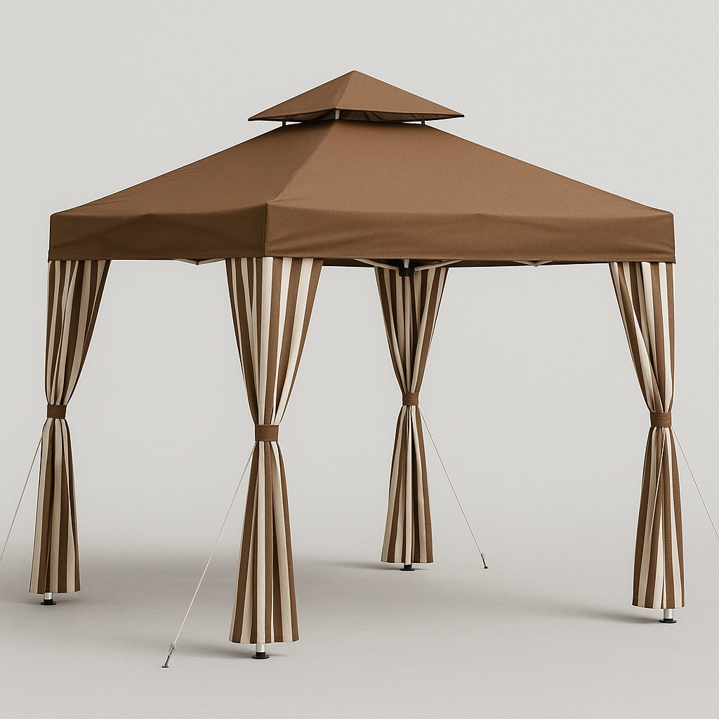 Carpa cenador plegable de jardín 3x3x3.5 m con doble techo y cortinas laterales, estructura de acero, poliéster 160g/m² marrón/beige - SIQUvIL332jB
