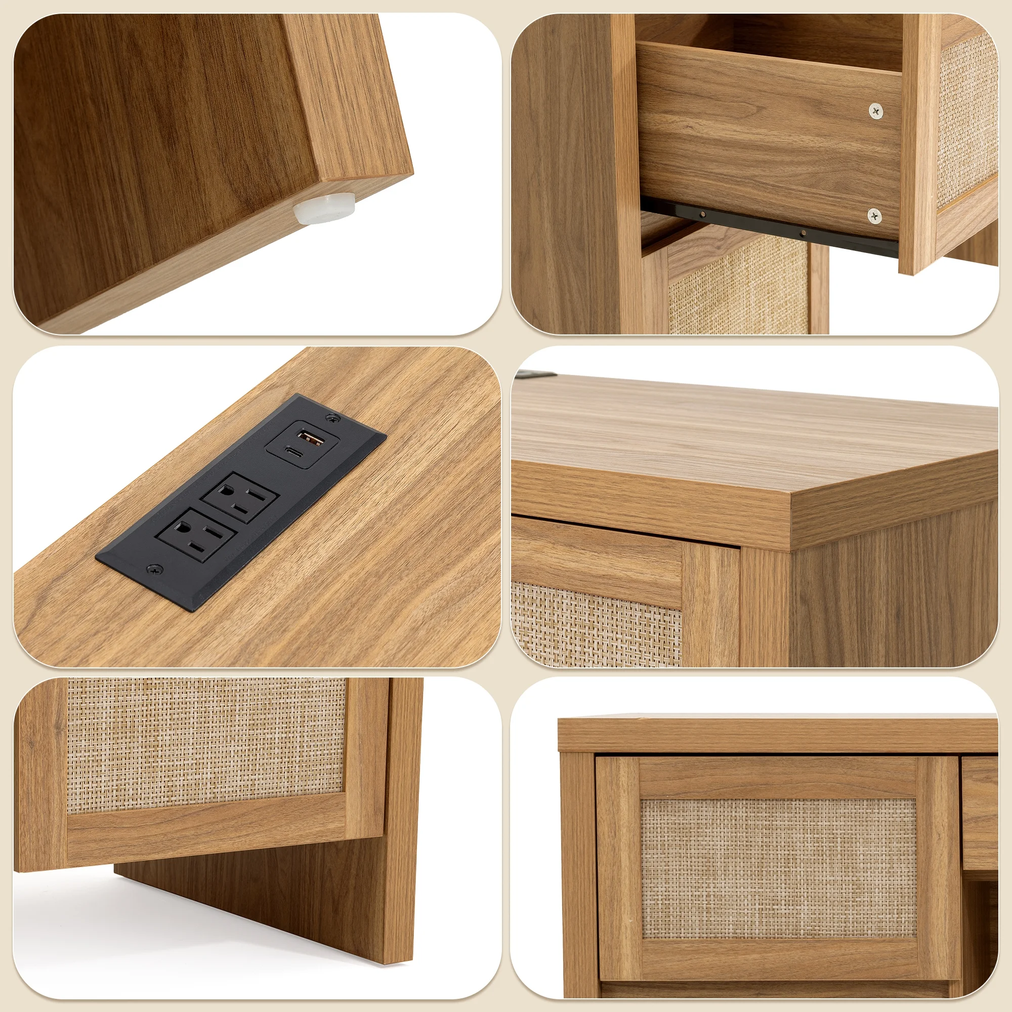 Brafab Home Office Desk with Charging Station, 5-Drawer Executive Desk with Rattan Front, Modern Farmhouse Computer Writing Desk, Built-in USB/Type-C Ports & Outlets - Image 8