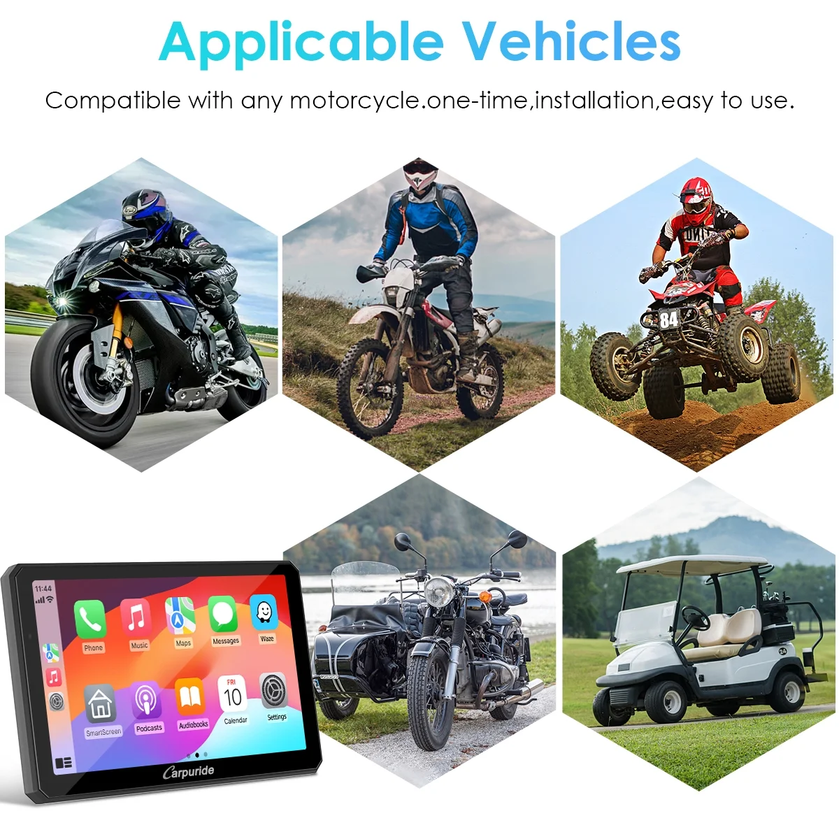 Carpuride Motorcycle HD Dual 1080P Dash Cam, Wireless Apple CarPlay & Android Auto Wire Control, Horizontal Vertical Rotation 7" Touch Screen (712D) - Image 6