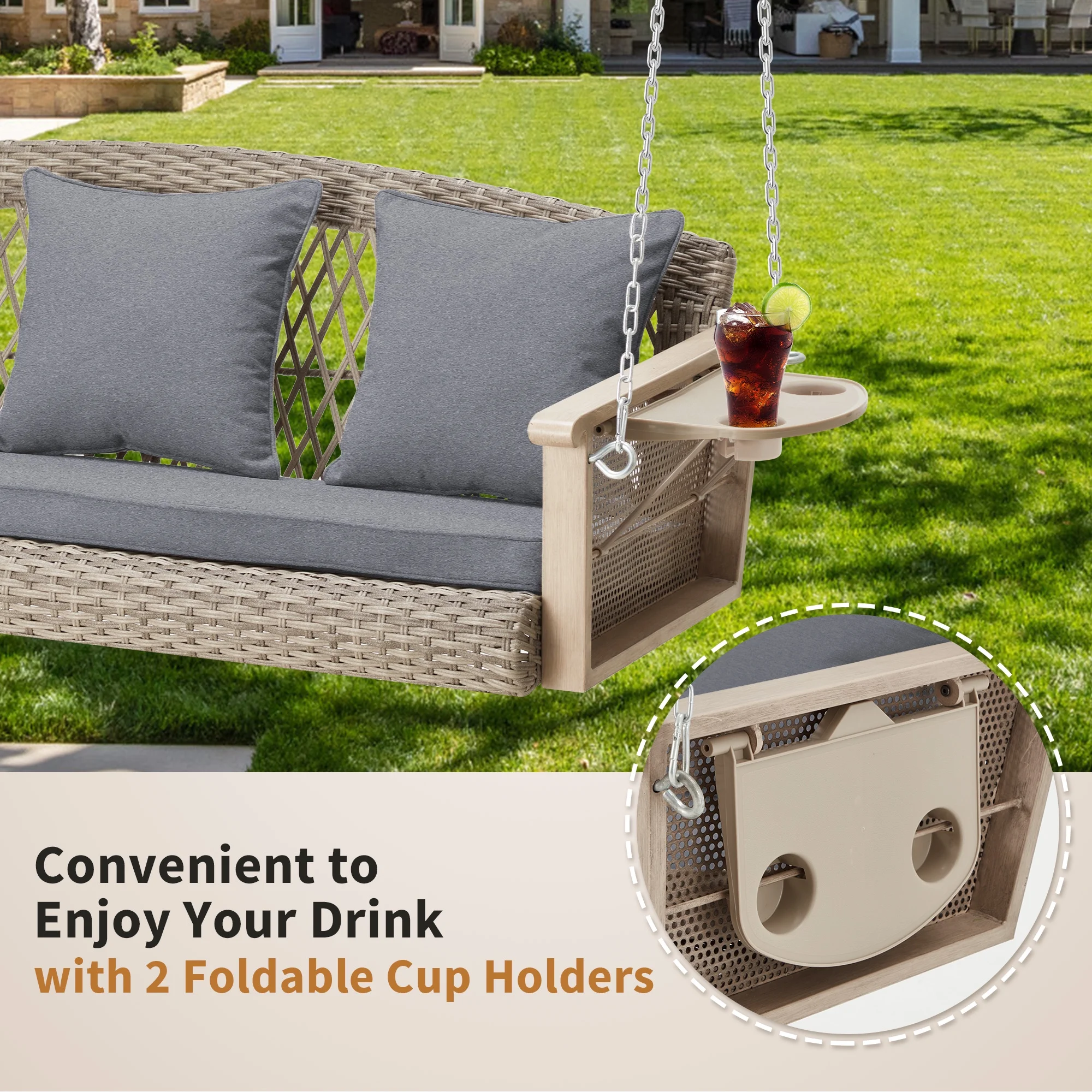 Homrest 3-Person Porch Swing 55in Wicker Hanging Swing Bench with Cushions and Cupholders for Deck, Garden and Backyard, Beige - Image 24