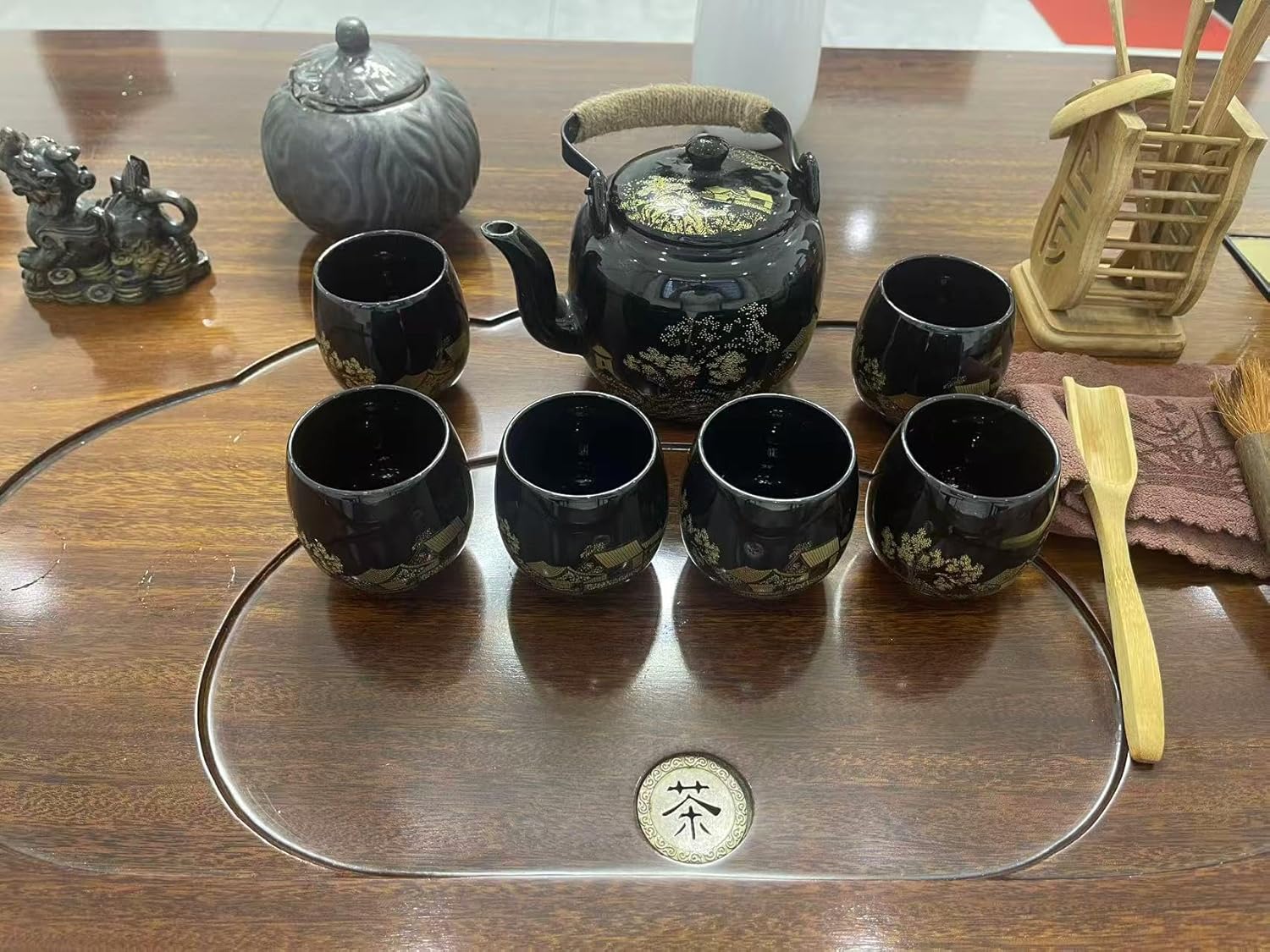 Gift Set Japanese Tea Set, Asian Black Glazed Ceramic Tea Set - Contains 1 Teapot, 1 Tea Strainer and 6 Teacups. Ideal for Home, Outdoor, Office (Black2)