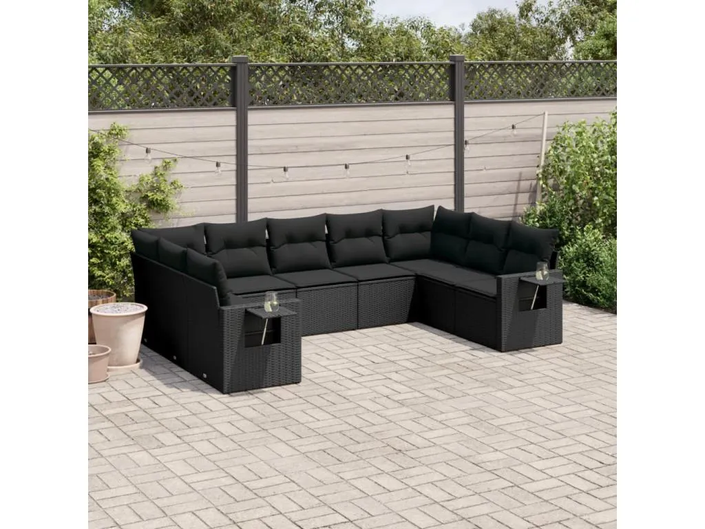 Set de sofás de jardín 8 piezas y cojines ratán sintético negro GQLI73916