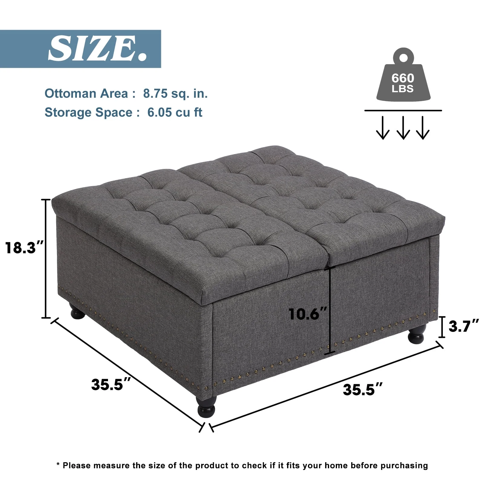 Magic Union 35" Large Square Storage Ottoman, Oversized Square Ottoman with Storage, Tufted Upholstered Ottoman Coffee Table with Lift Top for Living Room (Beige) - Image 9