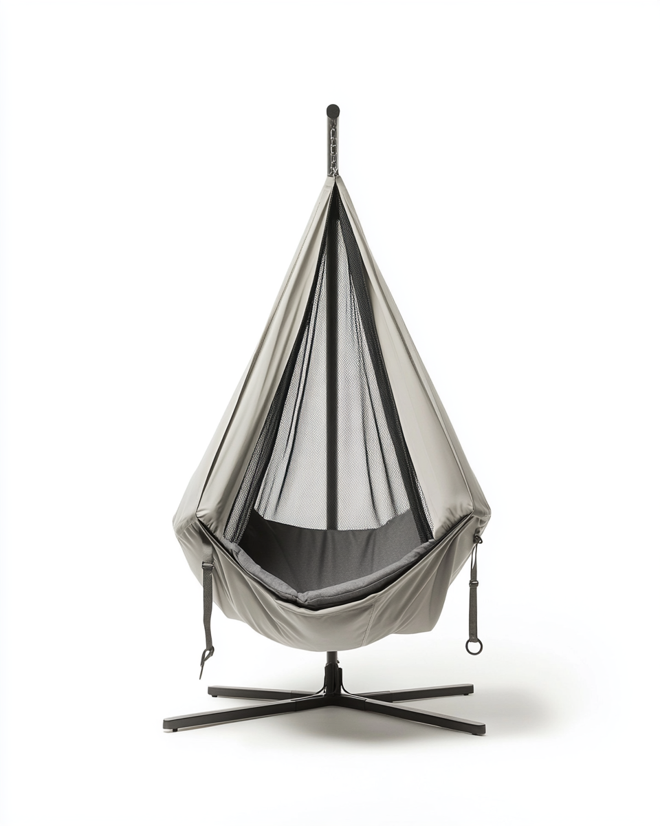 Silla colgante con soporte y cubierta de malla gris moderna
