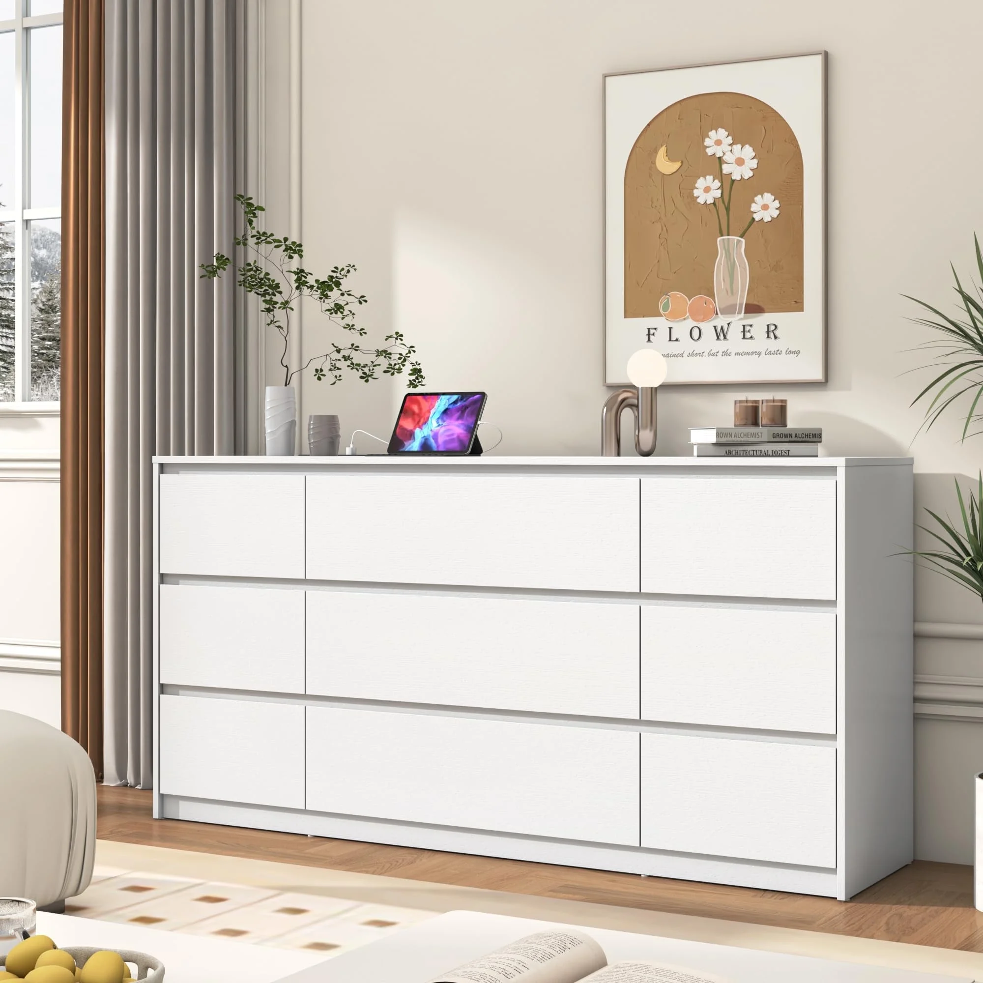 ChVans Black 9 Drawers Dresser with Charging Station, 63" Long Modern Dresser with 9 Drawers for Bedroom, Large Wood Chest of Drawers Handle Free, Dresser for Bedroom, Living Room, Hallway - Image 16