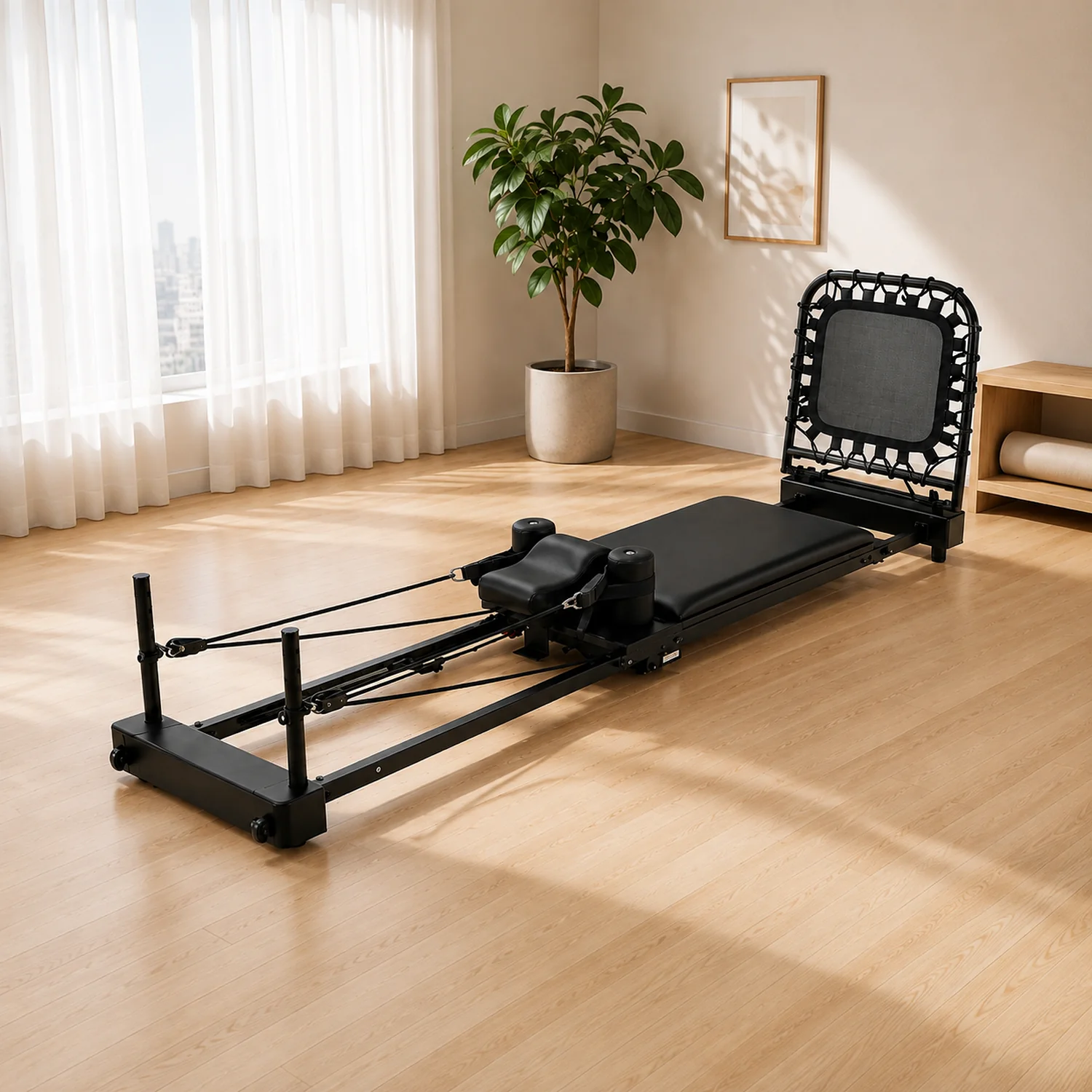 Folding Pilates Reformer Exercise Machine Black Steel Home Workout Equipment 86 x 21 x 26 in