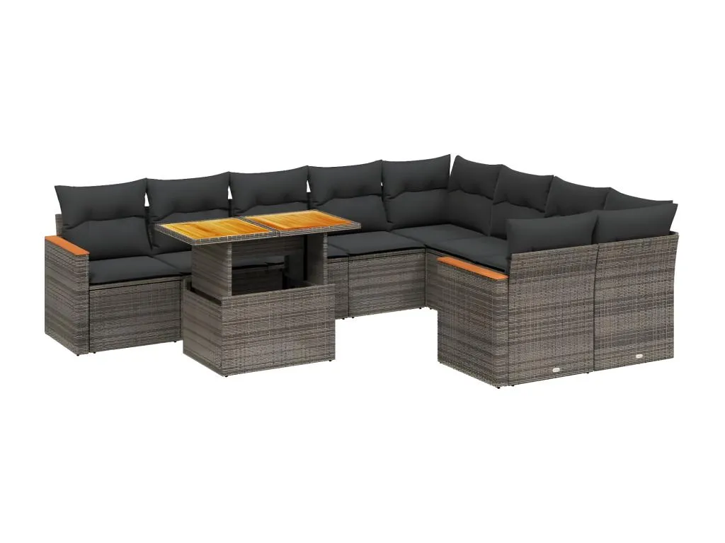 Set de sofás de jardín 10 piezas con cojines ratán sintético gris