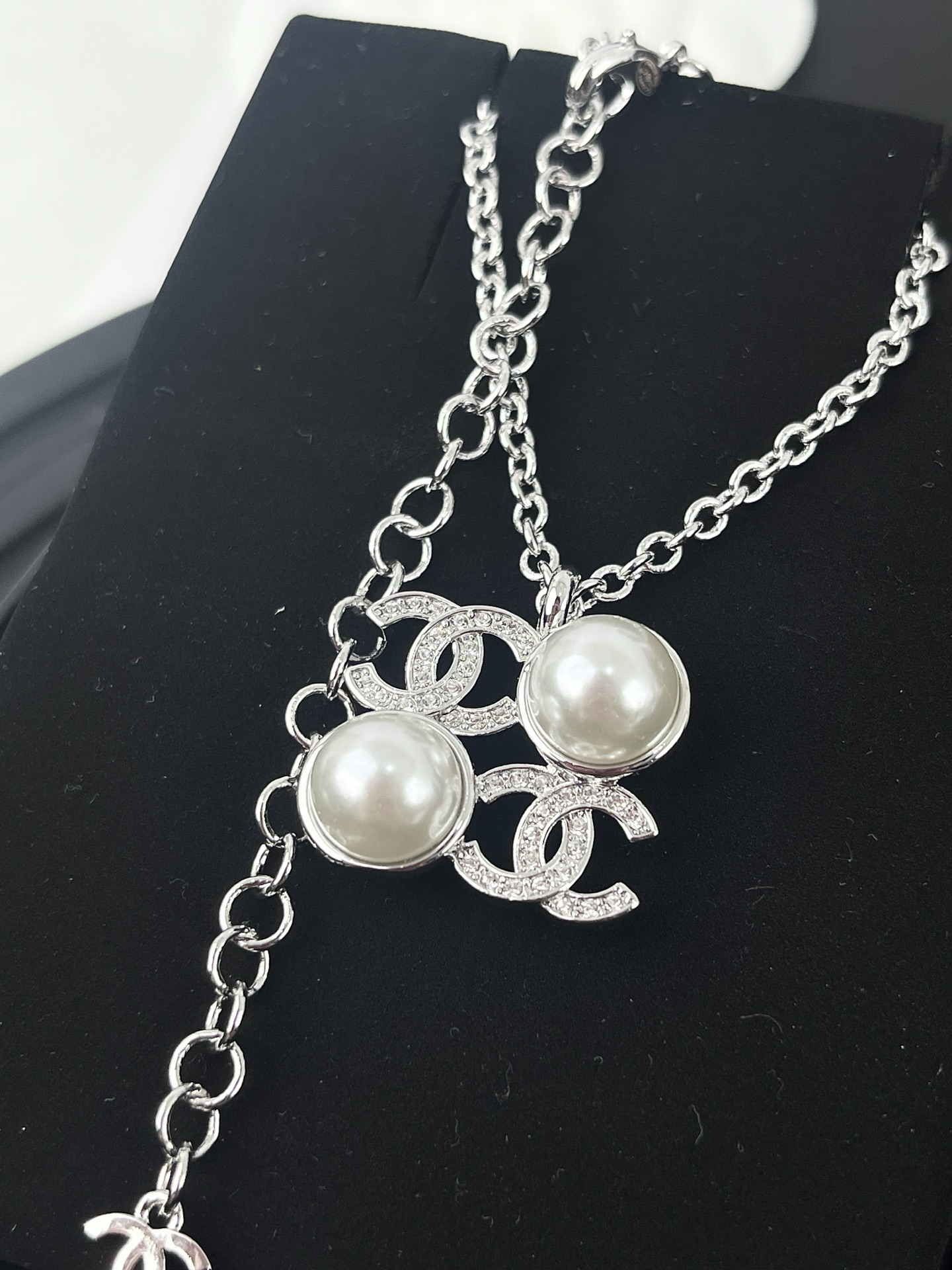 Chanel Silver Square Coco & Pearls Pendant Necklace - Original Replica Club