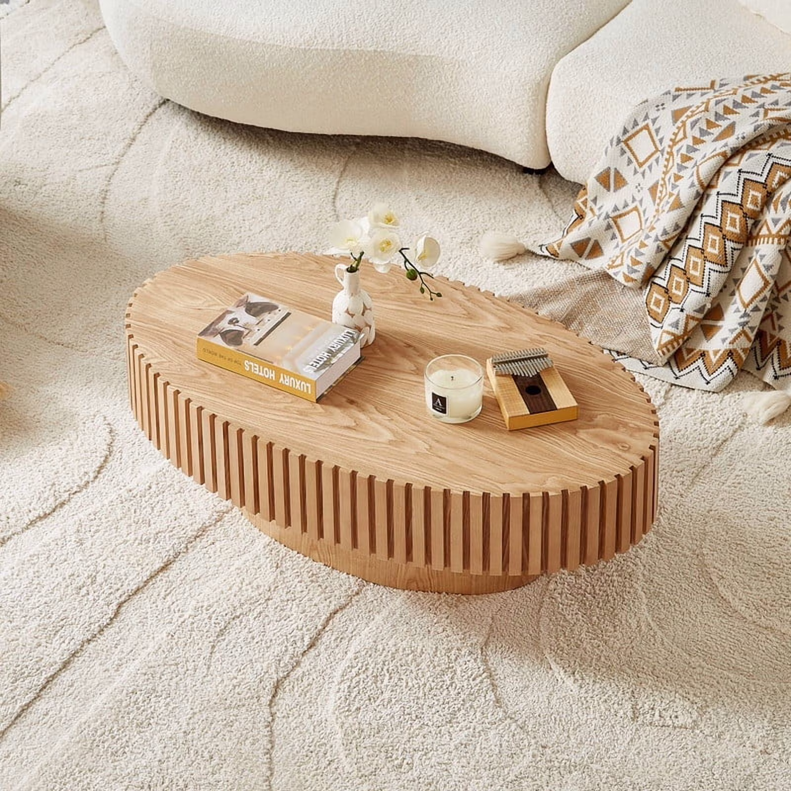 FFH 43.7 inch Oval Coffee Table for Living Room,Handcraft Rustic Corner Coffee Table Nature Wood Relief Sturdy Pedestal for Apartmen,Side Table Centre Table,Nature Wood - Image 11
