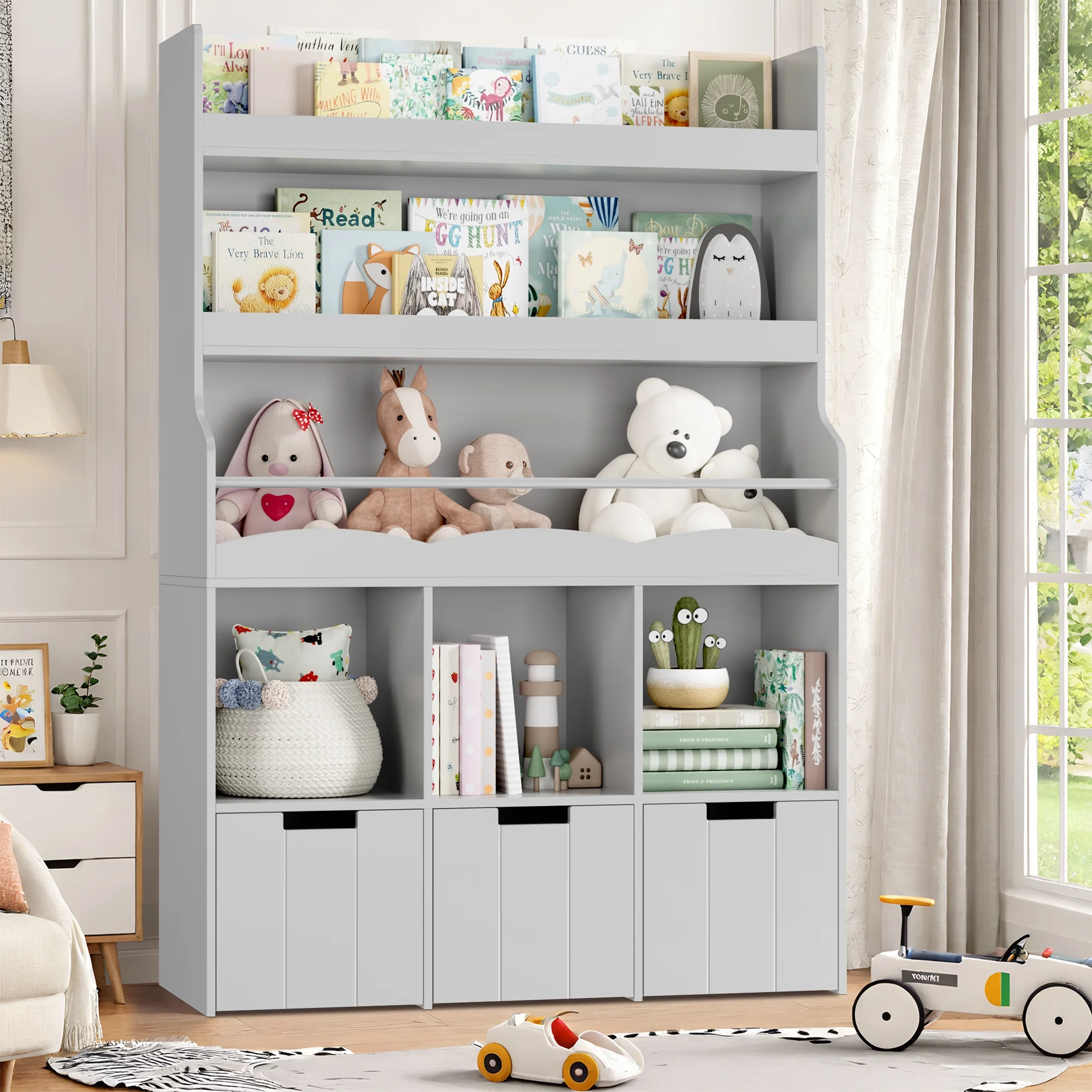 Homfa 55.5- H Kids Bookshelf with 2-Tier Book Shelves, Children Toy Organizer with 3 Cubes and Removable Drawers, White - Image 20