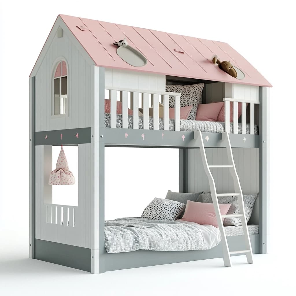 Litera Doble de Madera con Diseño de Casa de Juguete Rosa/Gris