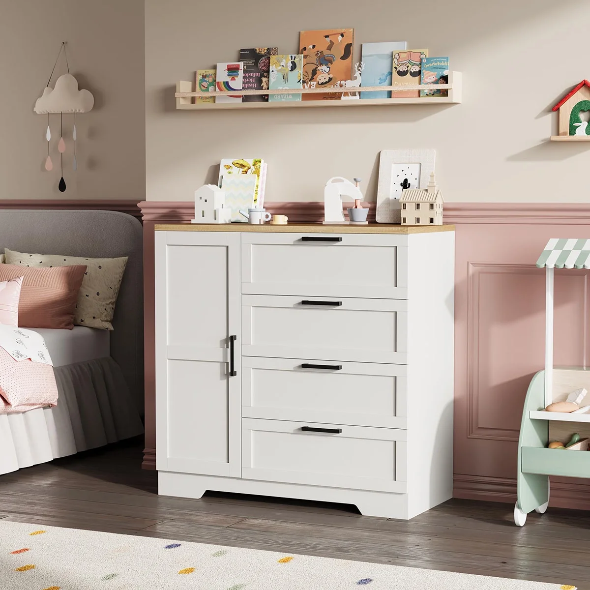 Ataucjin Wood Armoire Wardrobe Closet with 4 Drawers and Door, 43.3" H Bedroom Wardrobe Cabinet with Hanging Rod, Clothing Storage Cabinets, 4 Drawers Dresser with Storage Closet - Image 18