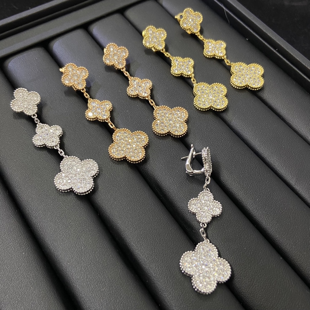 VCA Paved Full Diamond Long Clover Earrings - Original Replica Club