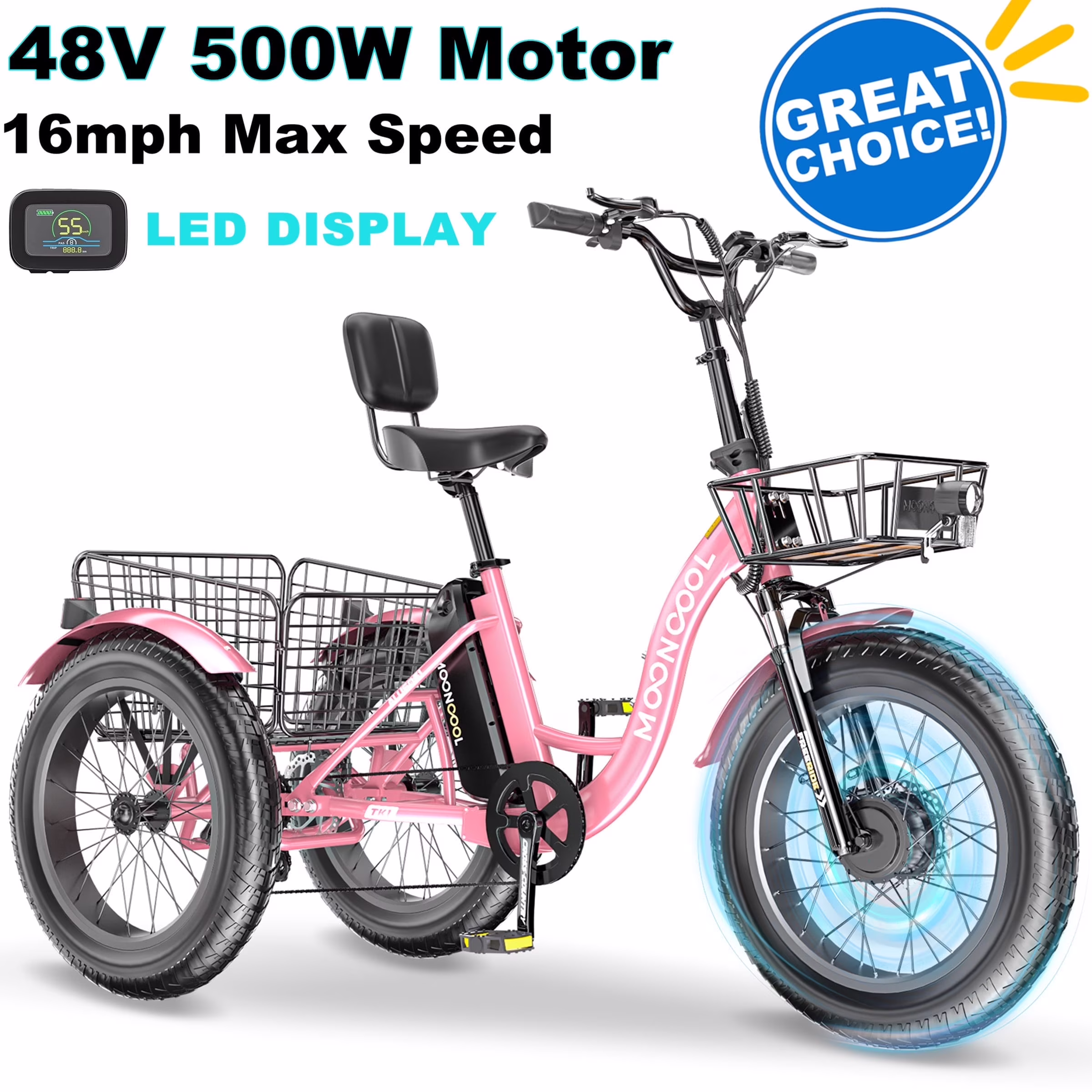 20" x 4" Fat Tire Electric Tricycle for Adult, 7 Speeds Electric Trike 48V 500W Motorized Tricycle , Electric Three Wheels Bicycle for Senior, Aluminum Frame & Rear Basket ,16mph - Image 9