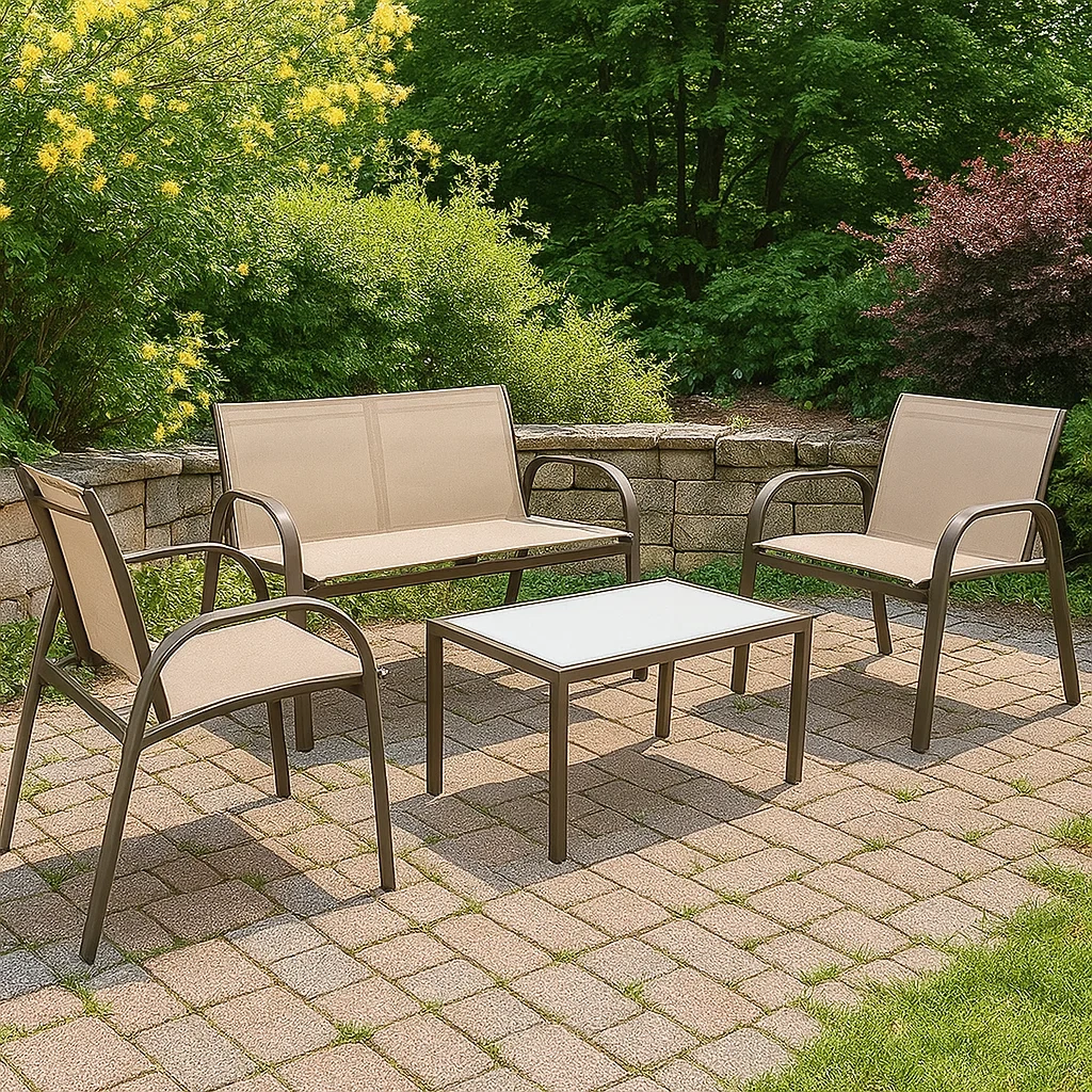 Conjunto de jardín de metal: 1 banco de 2 plazas, 2 sillones y 1 mesa baja,textileno beige y estructura marrón - WChwDkV213WU