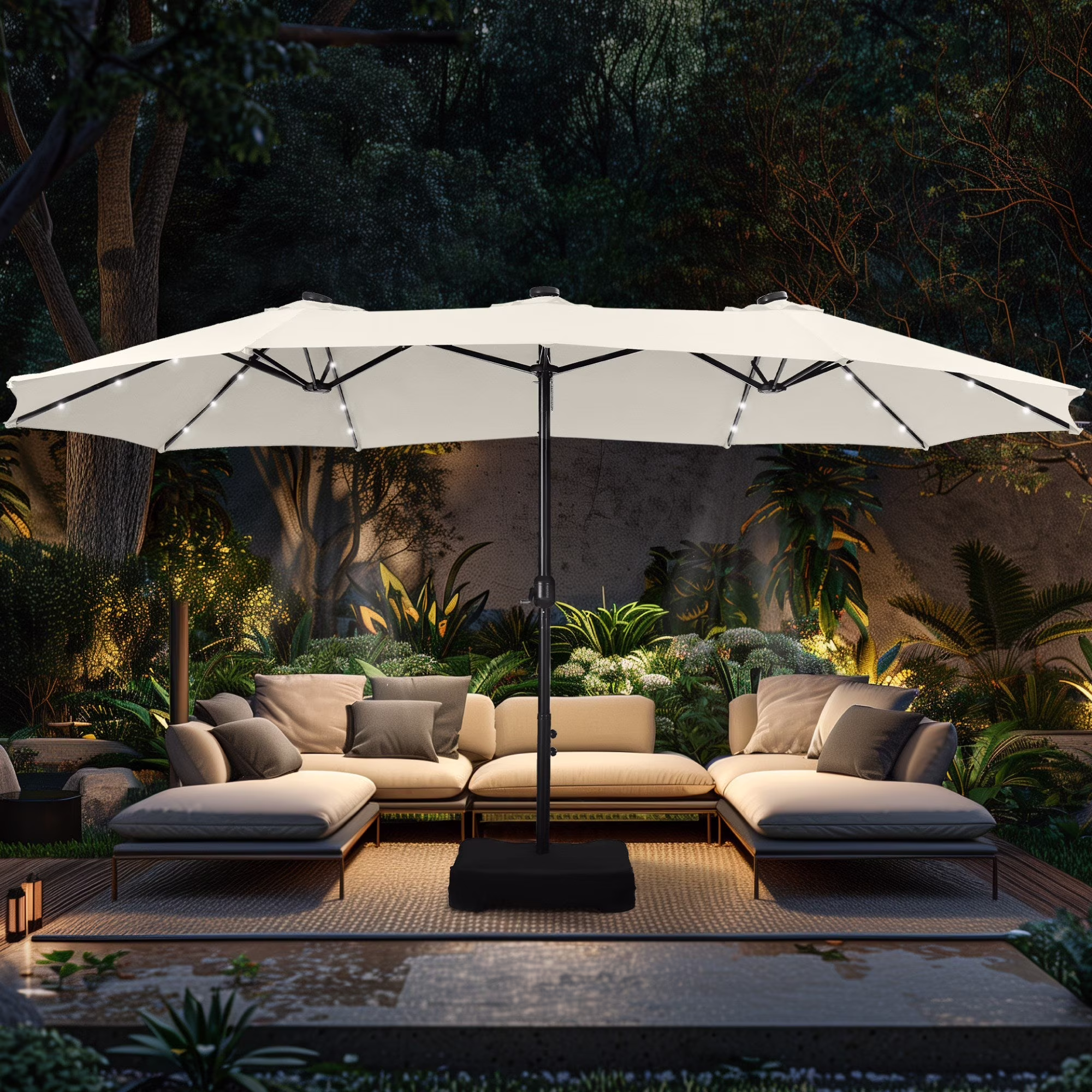 Alpha Joy 15ft Extra Large Outdoor Patio Double-Sided Umbrella with LED Solar Lights & Umbrella Base, Beige - Image 11