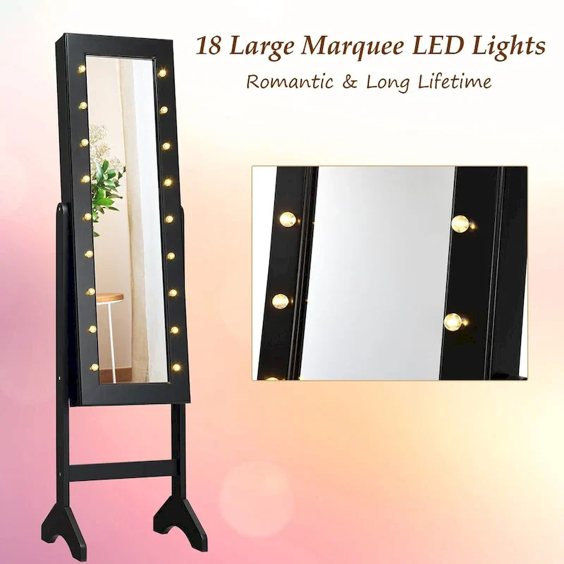 Costway Black Mirrored Jewelry Cabinet Organizer with 18 LED Lights