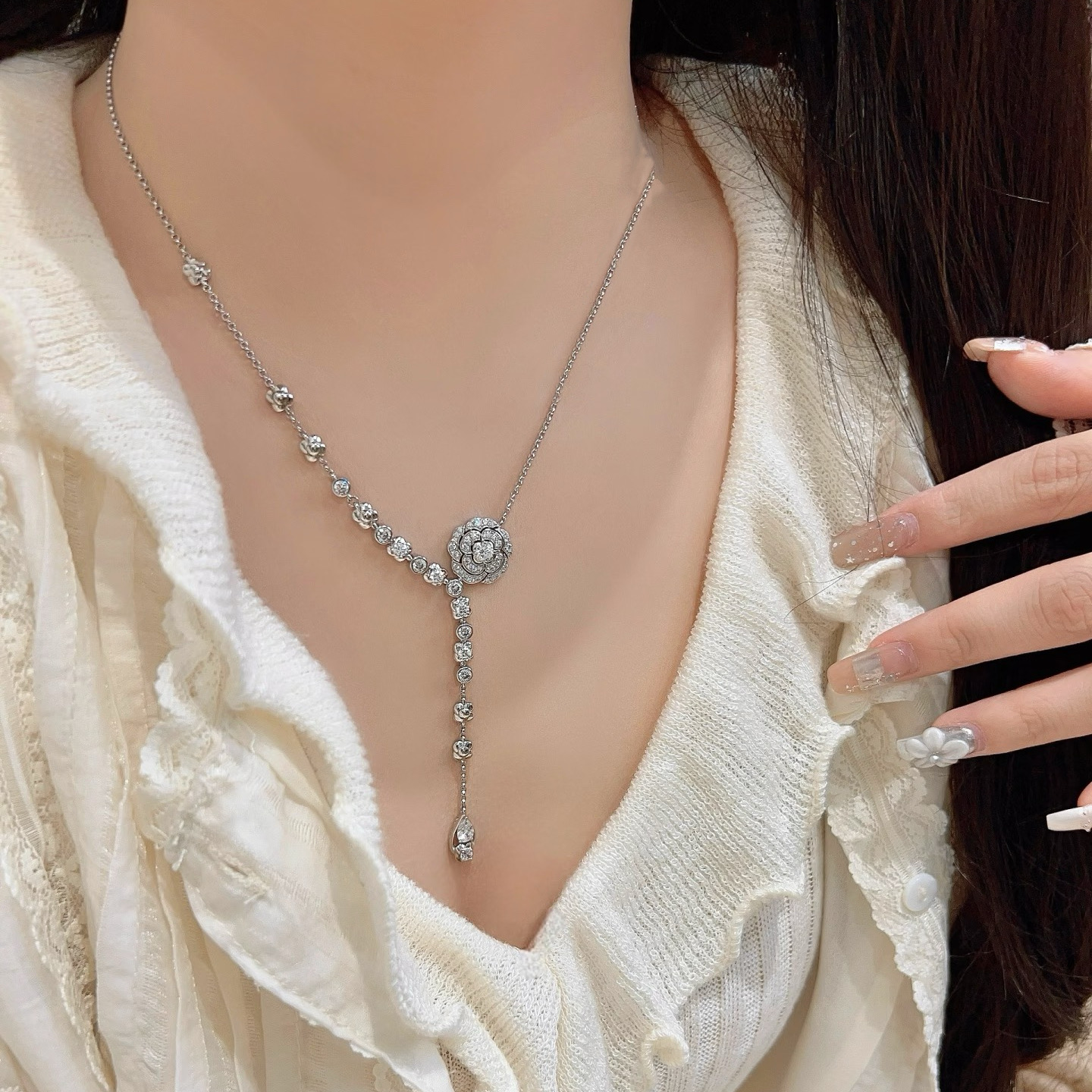 Chanel Camellia Teardrop Y Necklace in Silver Color - Original Replica Club