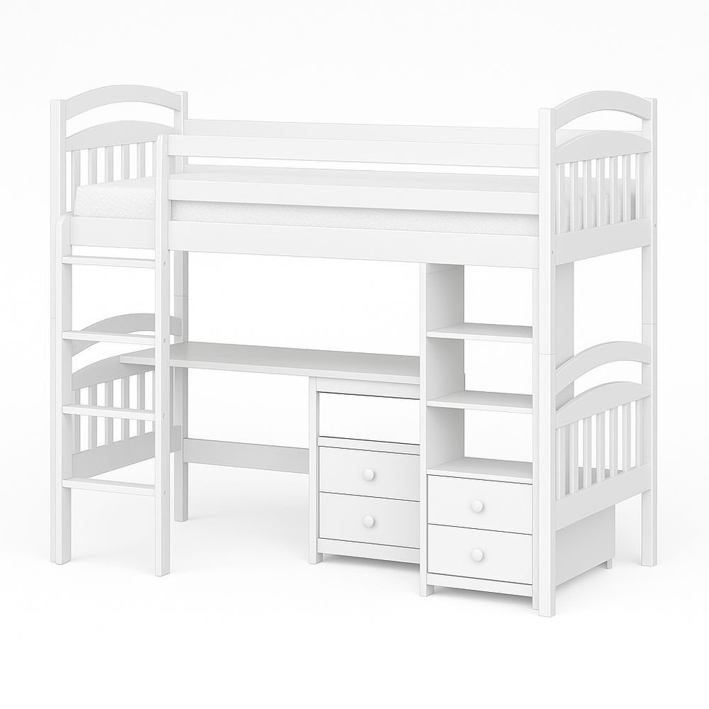 Cama litera alta con escritorios,blancas,madera,diseño moderno,apta para habitaciones infantiles,90x190 cm
