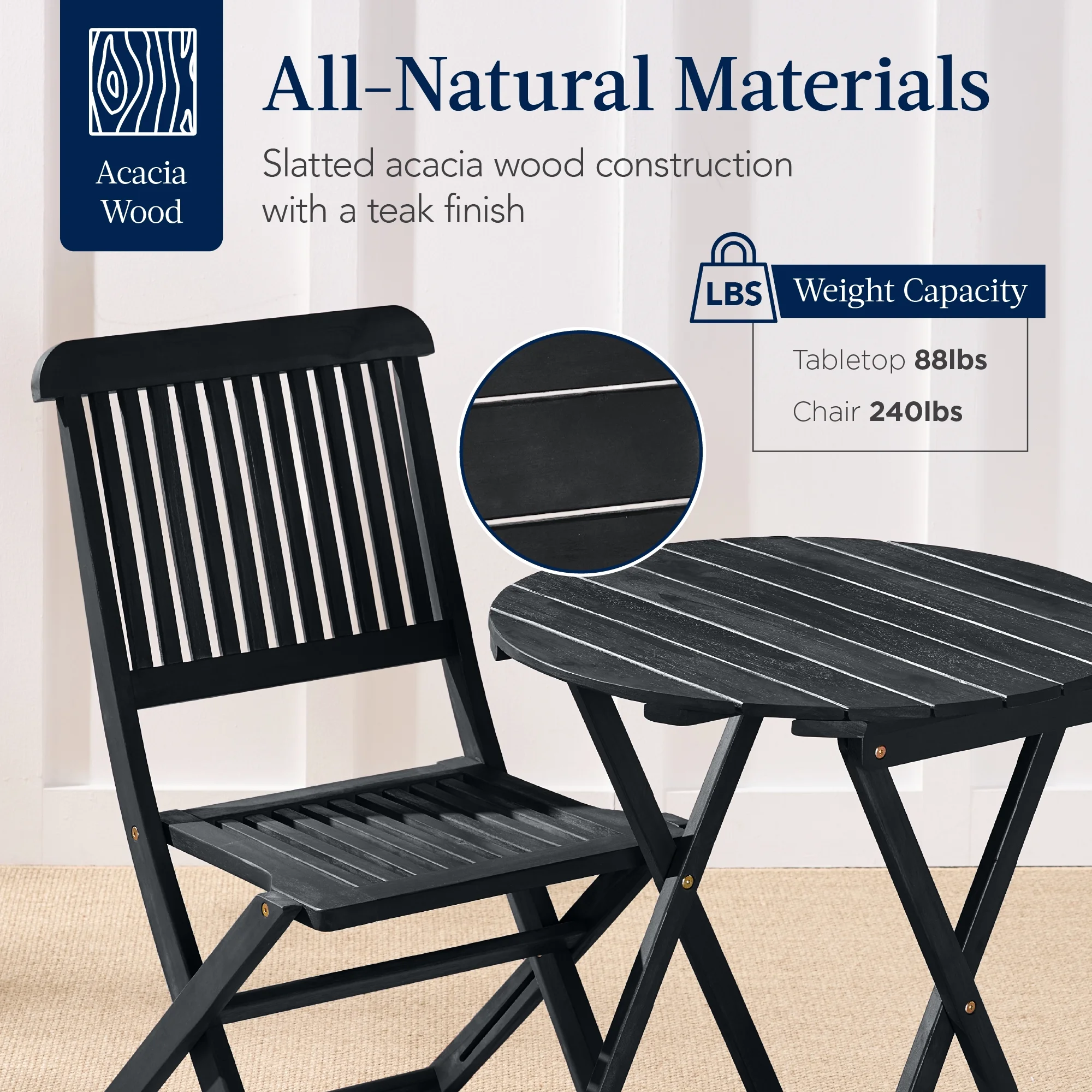 Best Choice Products 3-Piece Acacia Wood Bistro Set, Folding Patio Furniture w/ 2 Chairs, Table - Natural