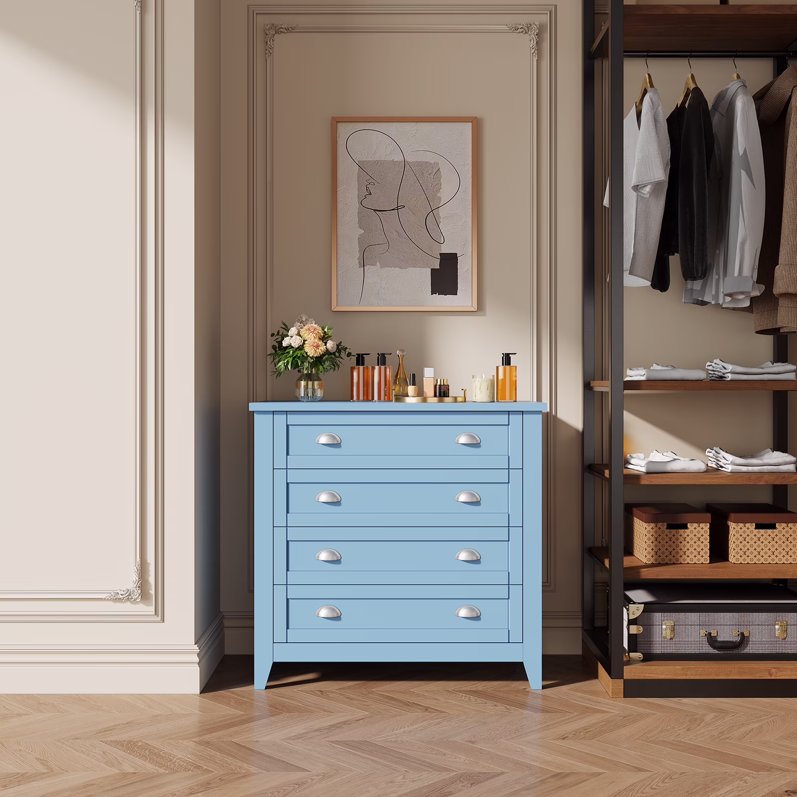 6 Drawer Dresser, Light Blue Elegant Chest of Drawers, Large Cabinet with Storage, Rustic Wood Chest of Drawers for Bedroom, Living Room, Hallway - Image 3