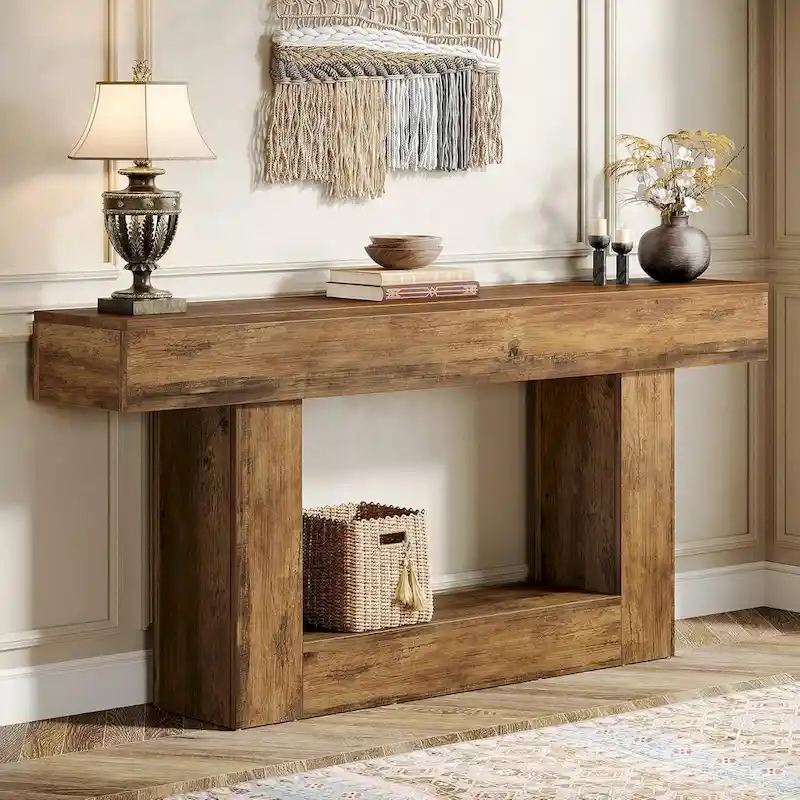 63-Inch Brown and Gray Slim Wooden Console Table for Entryway