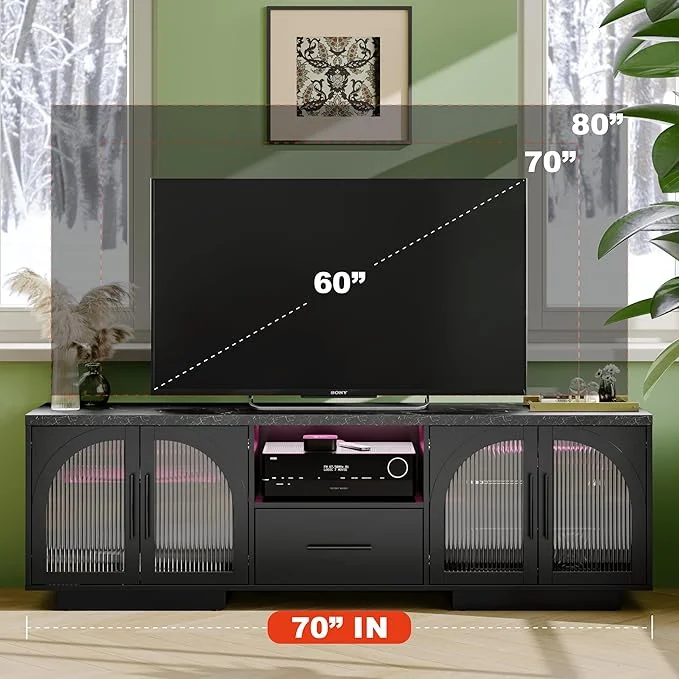 TV Stand for 75 inch TV, LED TV Stand for Living Room,70" Entertainment Center with Arched Glass Doors, Faux Marble Wood Finish Top, Adjustable Shelves, and LED Lighting, Black - Image 2