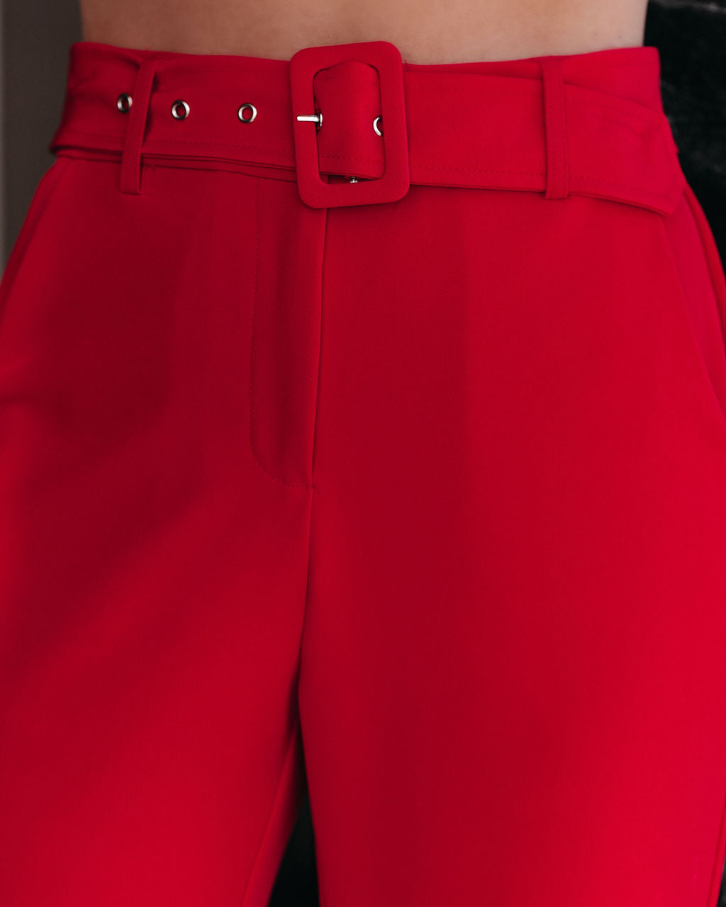 Runway Pocketed Belted Flare Trousers - Red - Se7enfashion