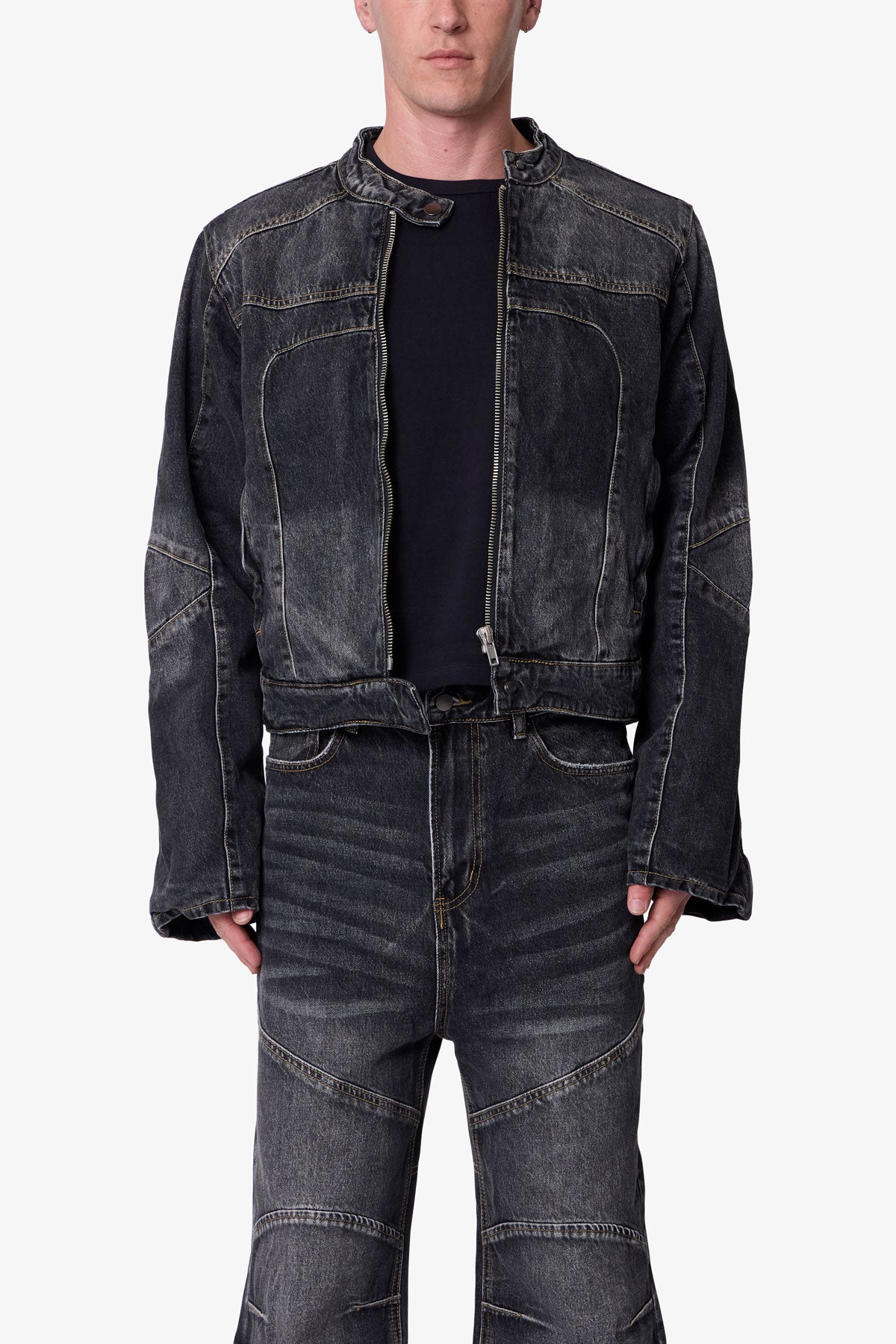 Paneled Moto Denim Jacket - Washed Black