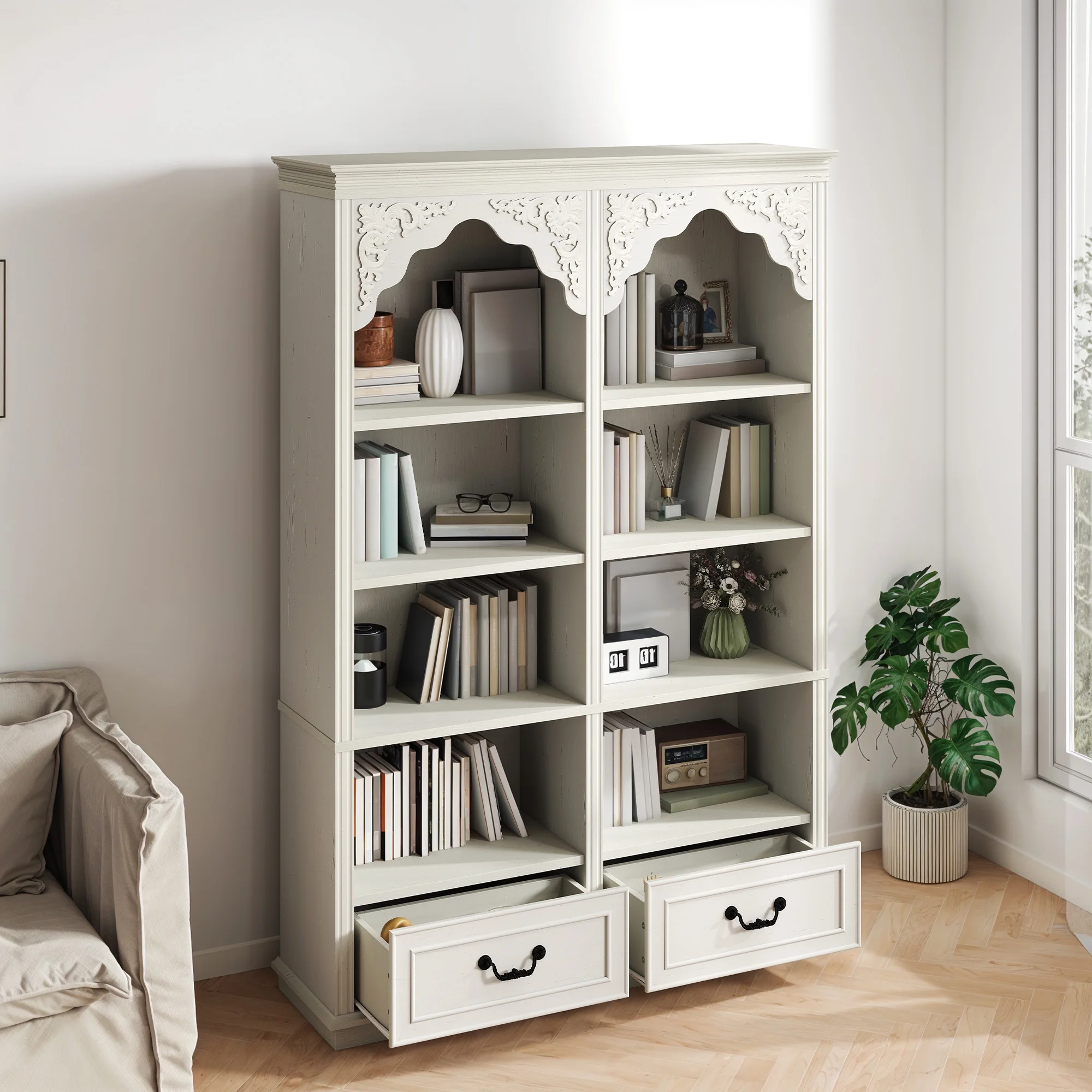 ModFusion 70" Distressed White Bookshelf with Adjustable Shelves and Two Drawers - Image 3