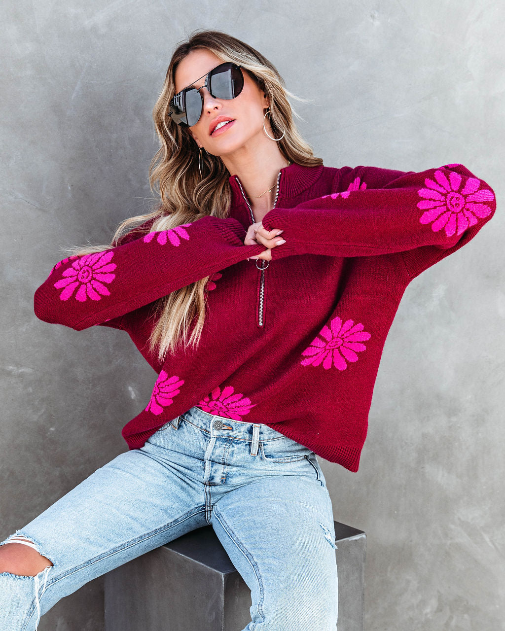 Happy As A Daisy Half Zip Pullover Sweater - SALE - Se7enfashion