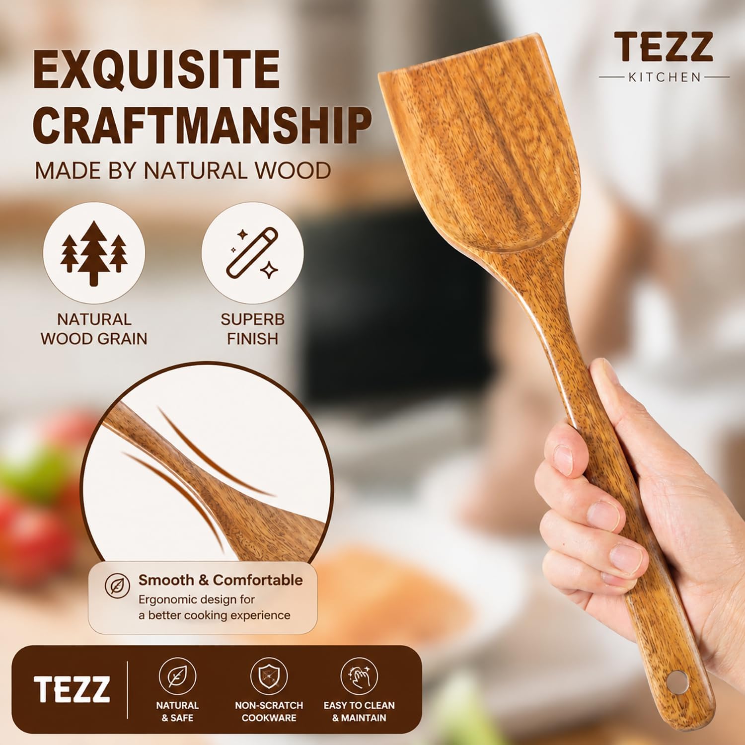 Wooden Spatulas, 2 PCs Natural Acacia Wooden Cooking Utensils Set for Non-stick Pan Kitchen Tool, flipping and Wok Spatula, Wooden Spoons & Spurtle for Cooking