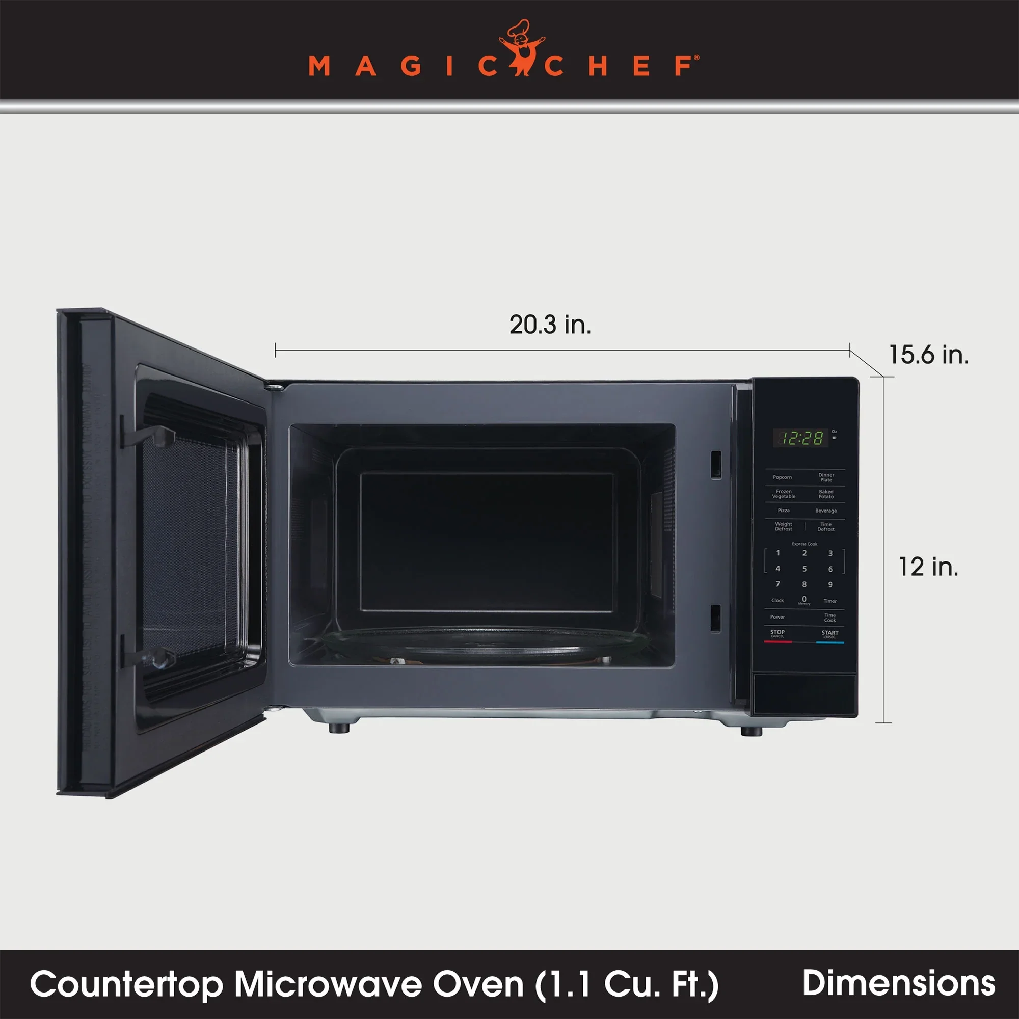 Magic Chef 1.6 Cu. ft. 1100W Countertop Microwave Oven with Push-Button Door in Black, New