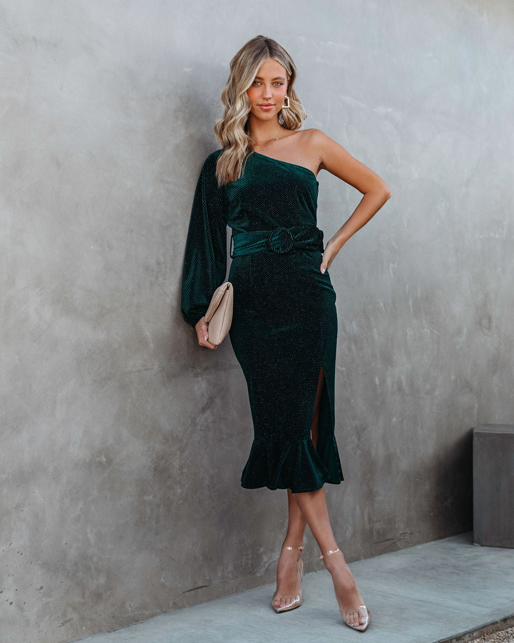 Honestly Breathtaking One Shoulder Belted Textured Velvet Midi Dress - Pine - Se7enfashion