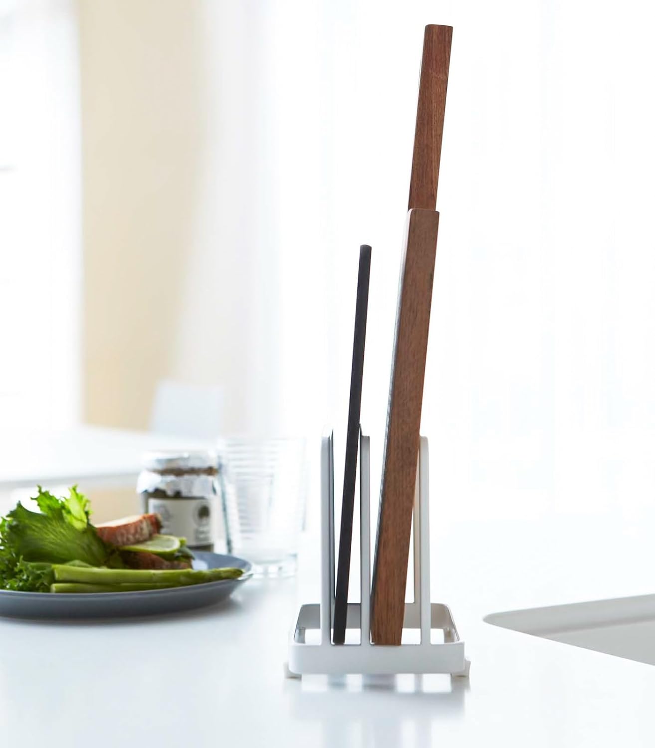 YAMAZAKI Home Plate Cutting Board Stand - Kitchen Storage Rack Holder Organizer - Steel