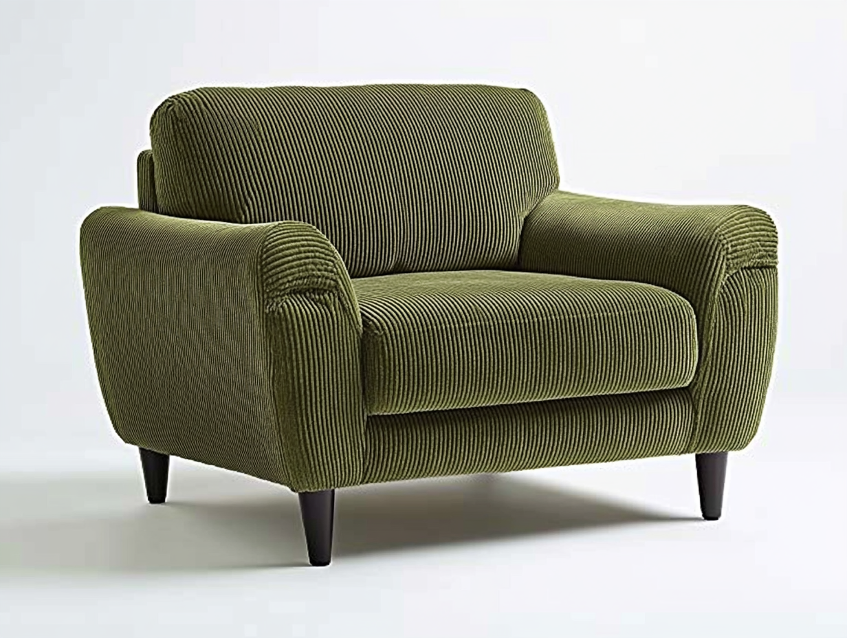 Sillón tapizado de pana 110×95×85 cm – verde musgo – con patas negras de madera y diseño envolvente