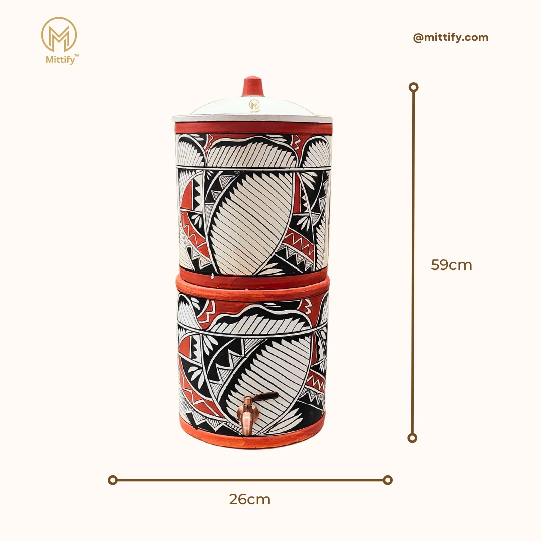 Mittify Handmade Clay Water Filter with Lid & Metal Tap | Earthen Harp Design Water Filter | Eco-Friendly Clay Filter (676oz/20L) - Image 4