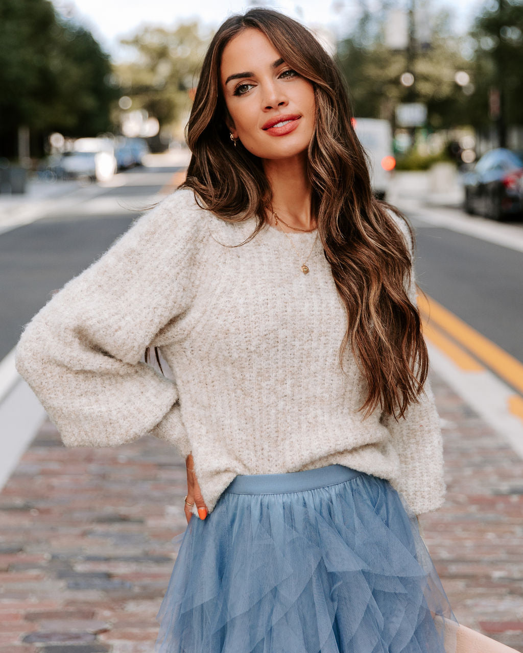 Tana Balloon Sleeve Knit Sweater - Oatmeal - Se7enfashion