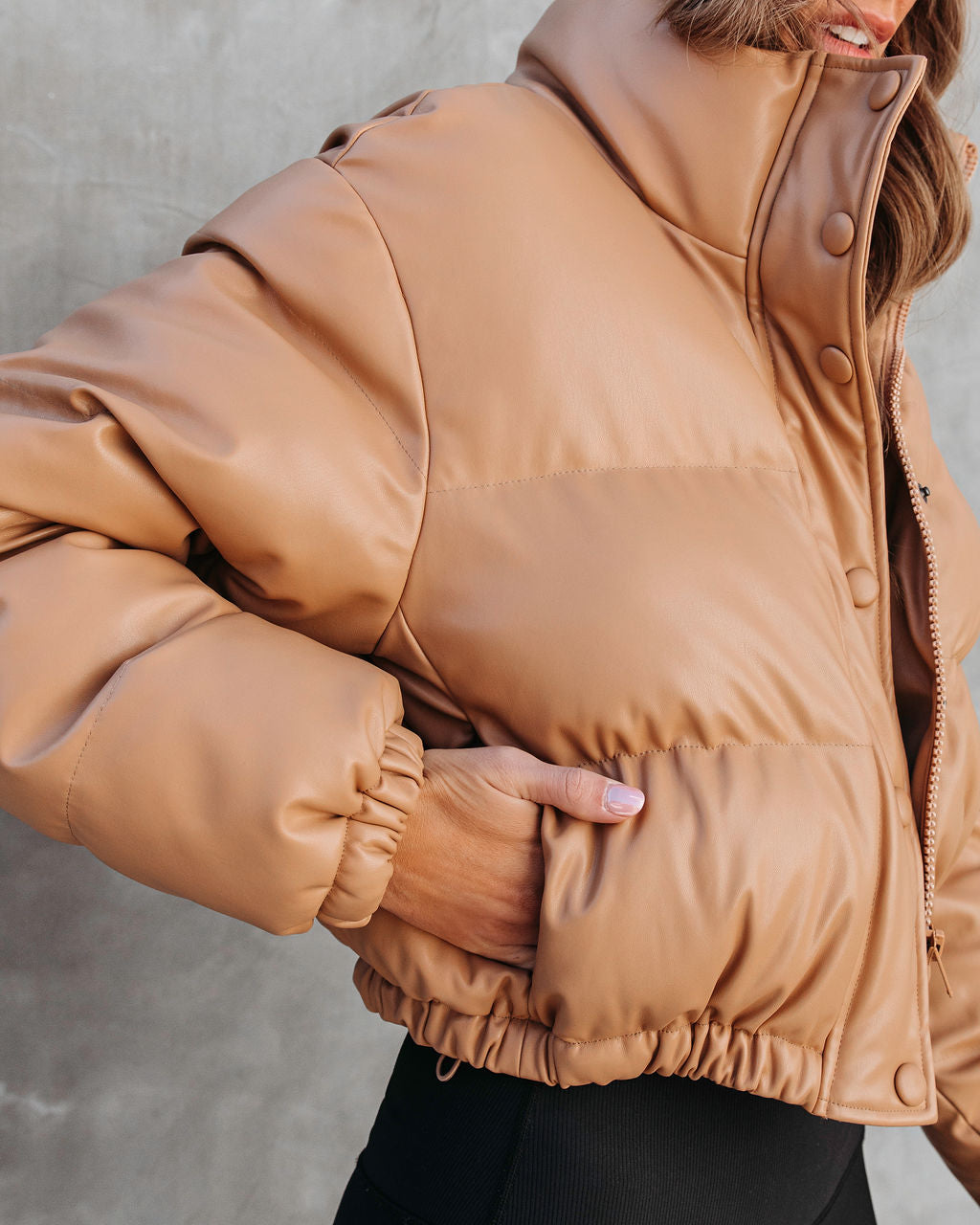 Yorker Faux Leather Pocketed Puff Jacket - Tan - Se7enfashion