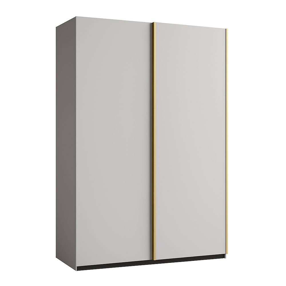 Armario moderno de dos puertas,estilo contemporáneo,almacenamiento organizado,color gris claro con detalles dorados,sistema de cierre suave