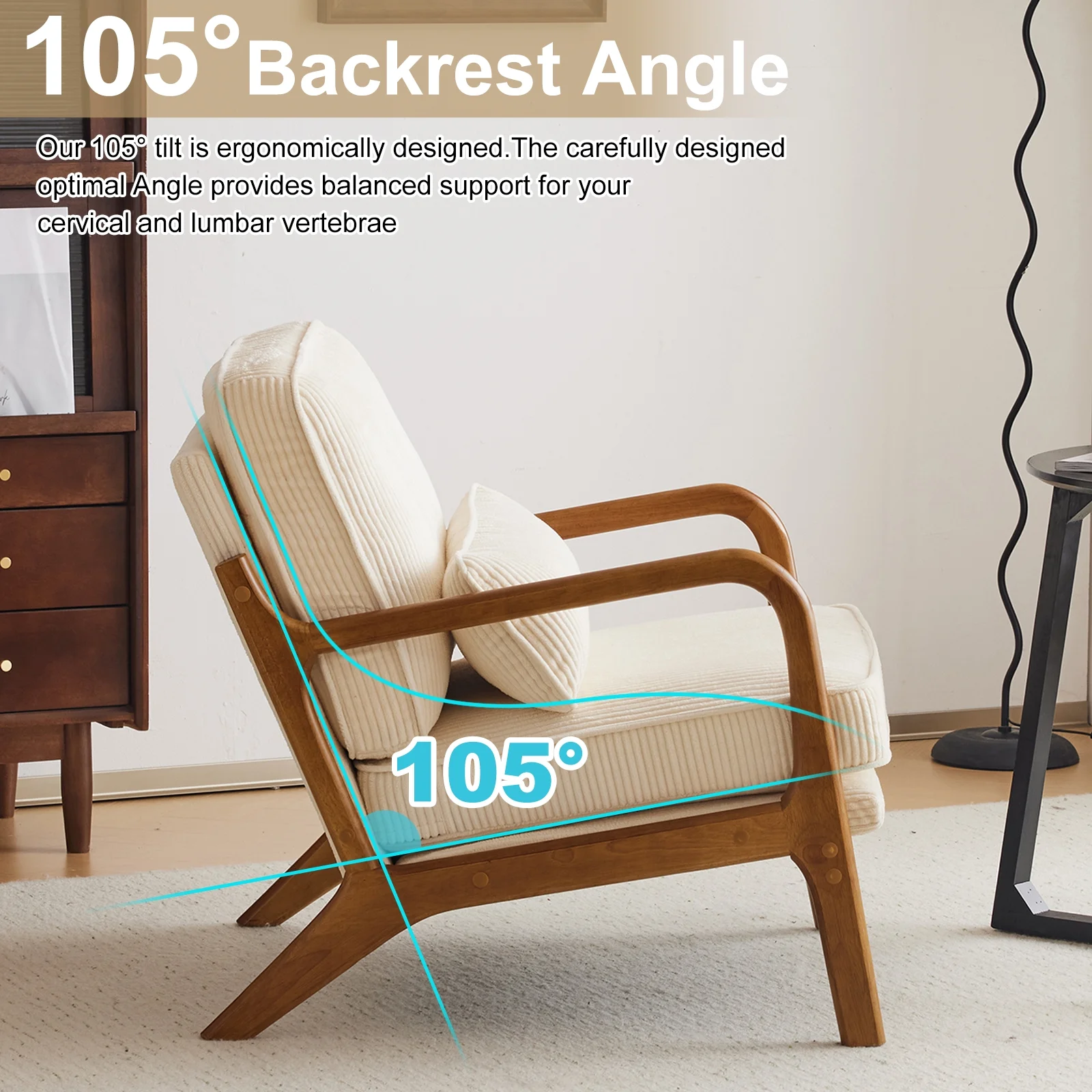 Ktaxon Accent Chair Corduroy Upholstered Armchair, Reading Club Chair with Pillow and Solid Wood Frame for Living Room Bedroom Furniture Off White - Image 2
