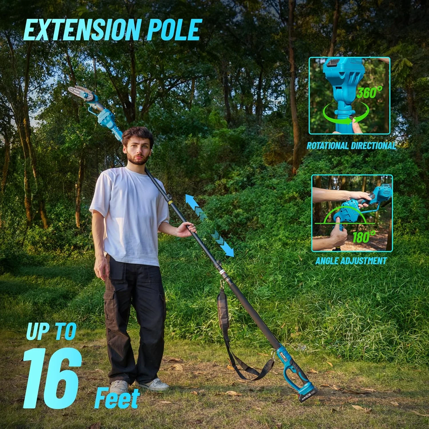 Seesii 2-in-1 Cordless Pole Saw, 6 Inch Brushless Pole Chainsaws Mini Handheld Chainsaw with 2x 4.0Ah 21V Batteries, 2x Chains, Auto Oiler, 16FT MAX Extension Pole for Tree Trimming - Image 8