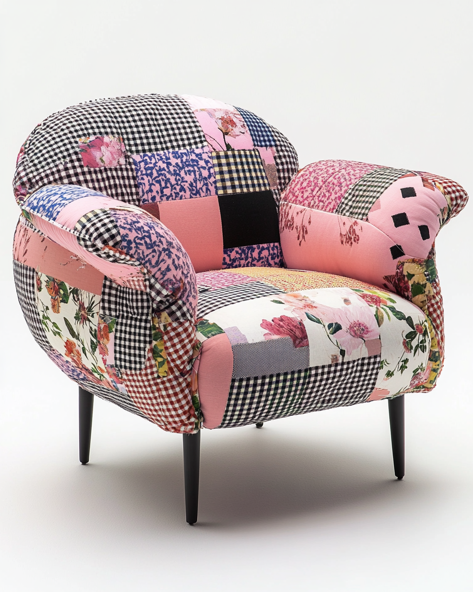 Sillón tapizado estilo patchwork multicolor con patas metálicas negras